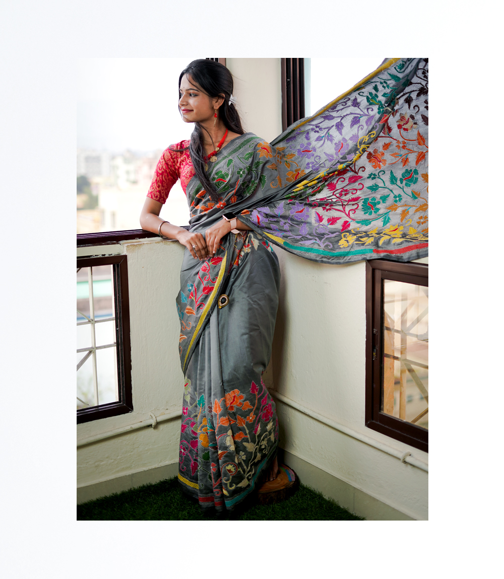 Kantha Stitch Blue Silk Saree | Buy Online | Balaji Retails