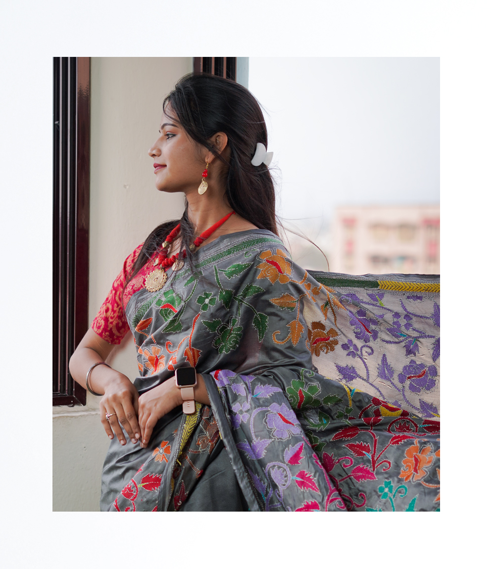 Grey embroidery saree