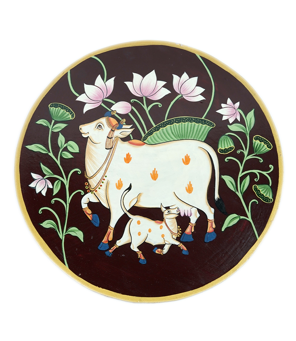 Hand-Painted Pichwai on Wooden Plate Made by Tribes of Rajasthan