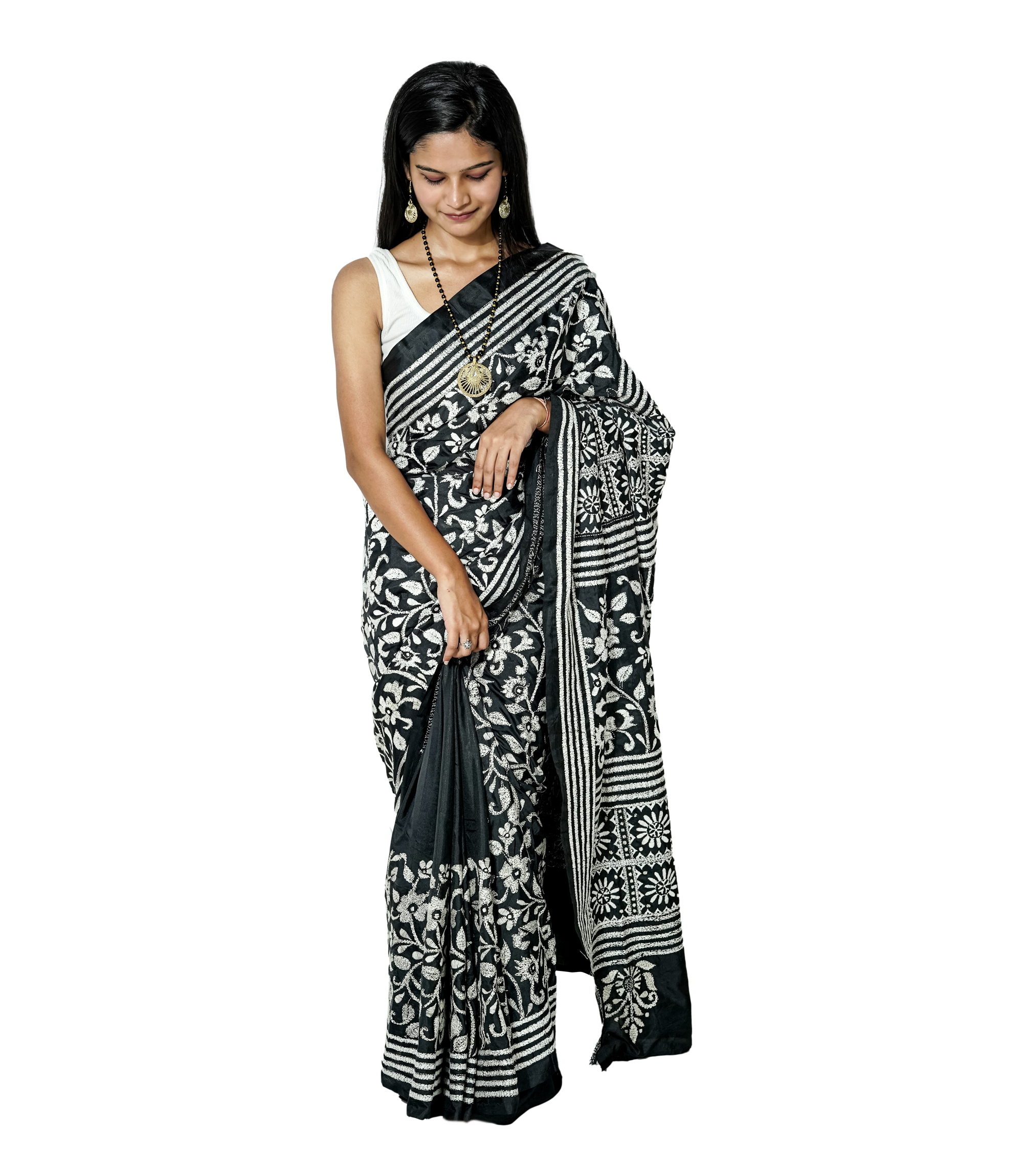 Handstitched Black Saree with White Kantha Stich By Tribes Of West Bengal