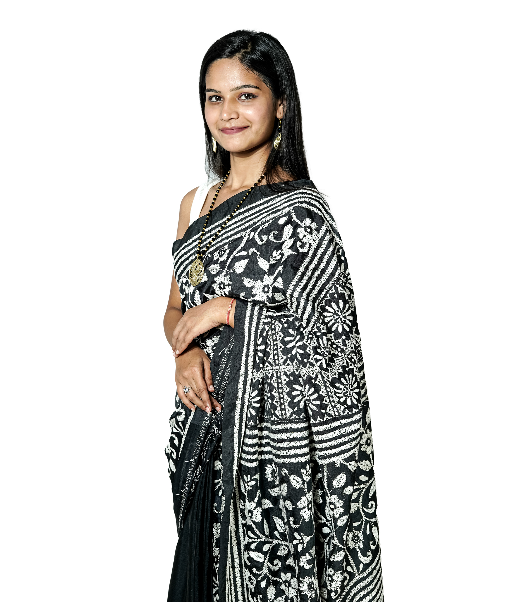 Handstitched Black Saree with White Kantha Stich By Tribes Of West Bengal