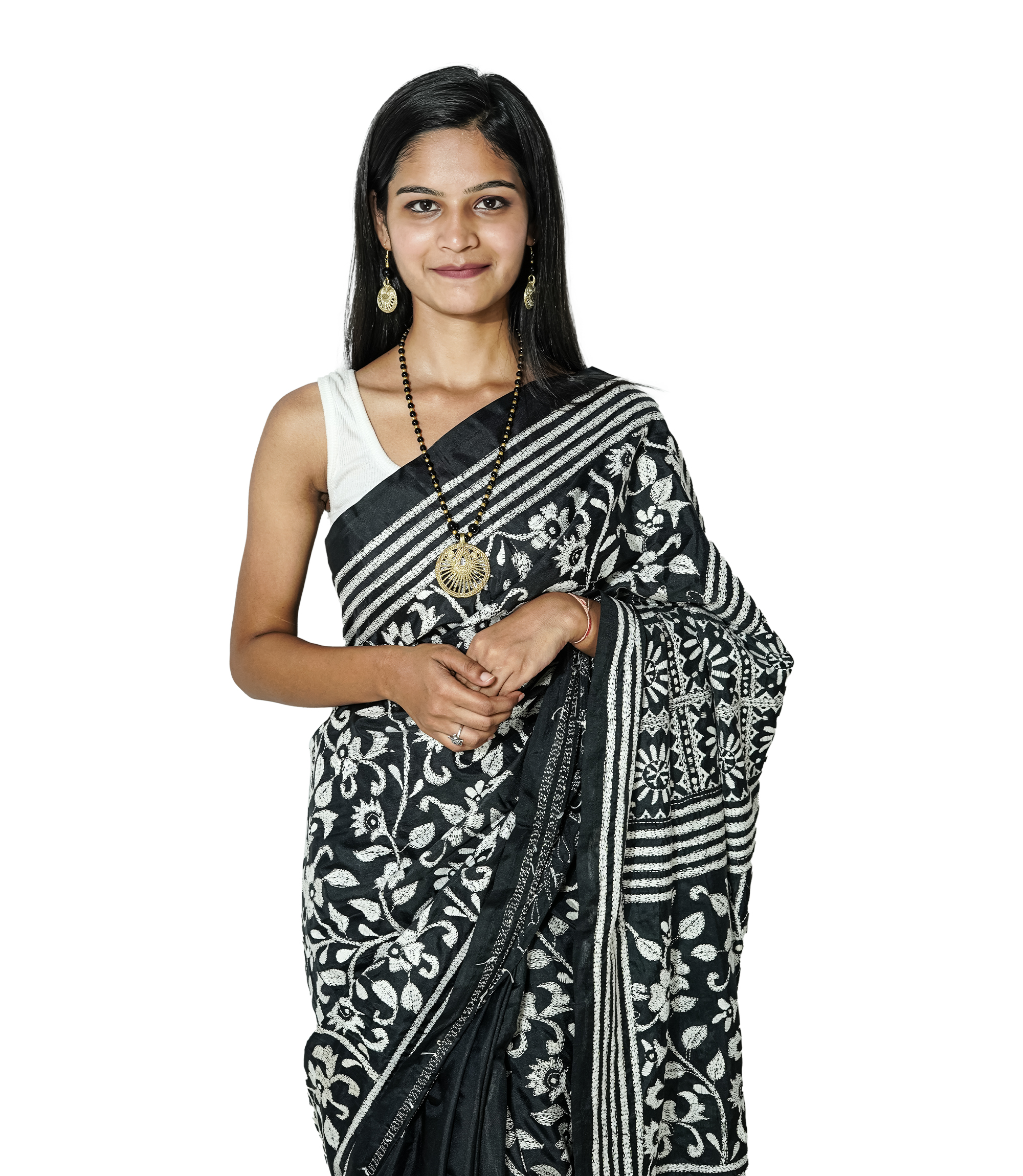 Handstitched Black Saree with White Kantha Stich By Tribes Of West Bengal