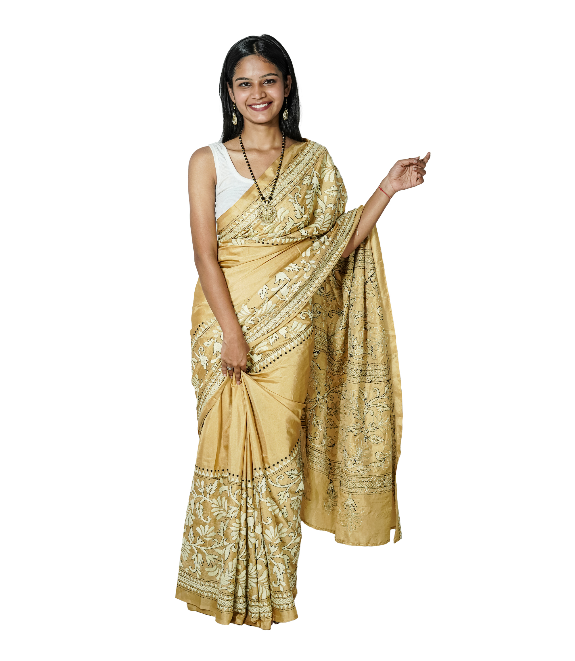 Handstitched Golden Saree with White Kantha Stich By Tribes Of West Bengal