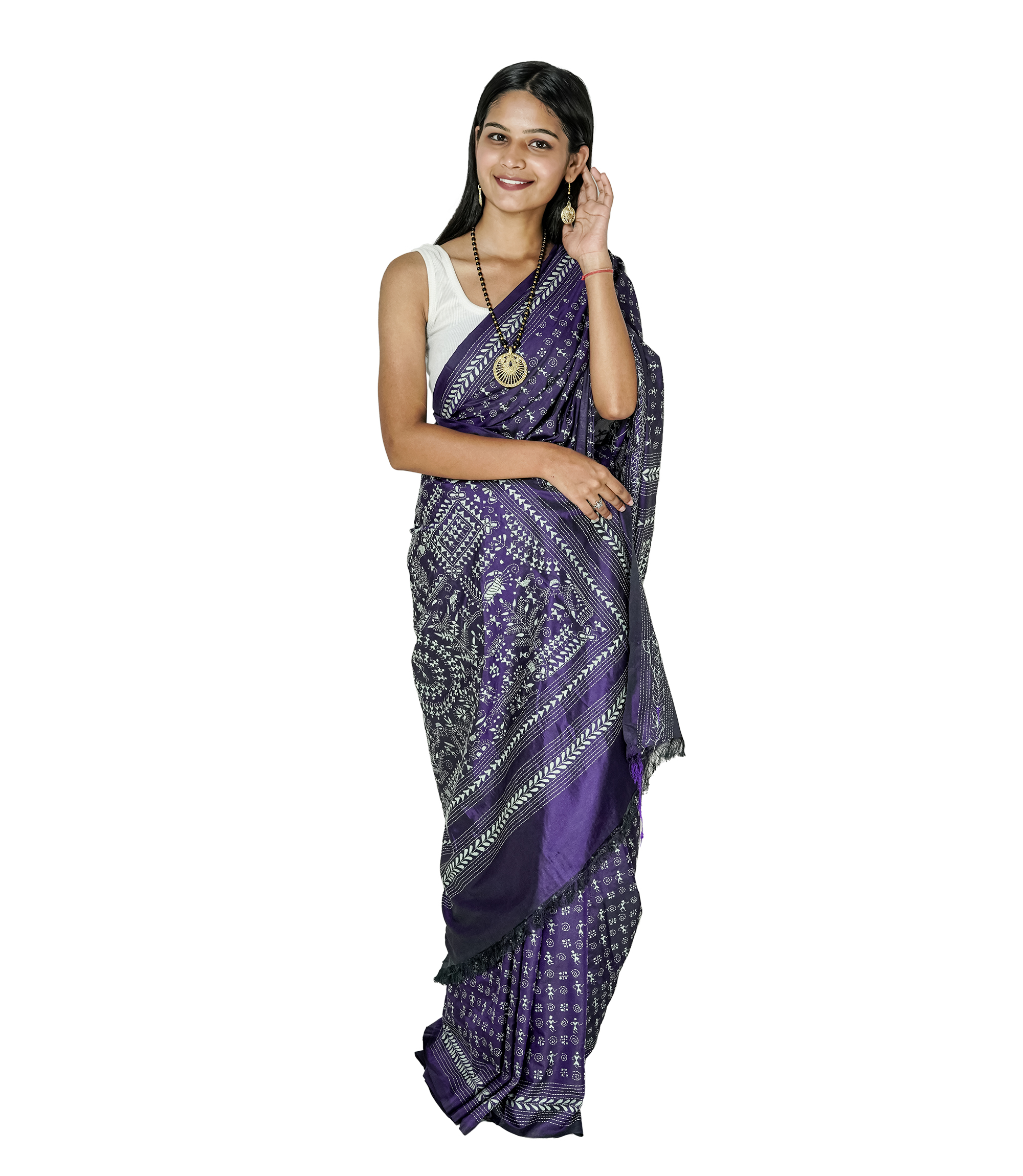 Handstitched Purple Saree with White Kantha Stich By Tribes Of West Bengal