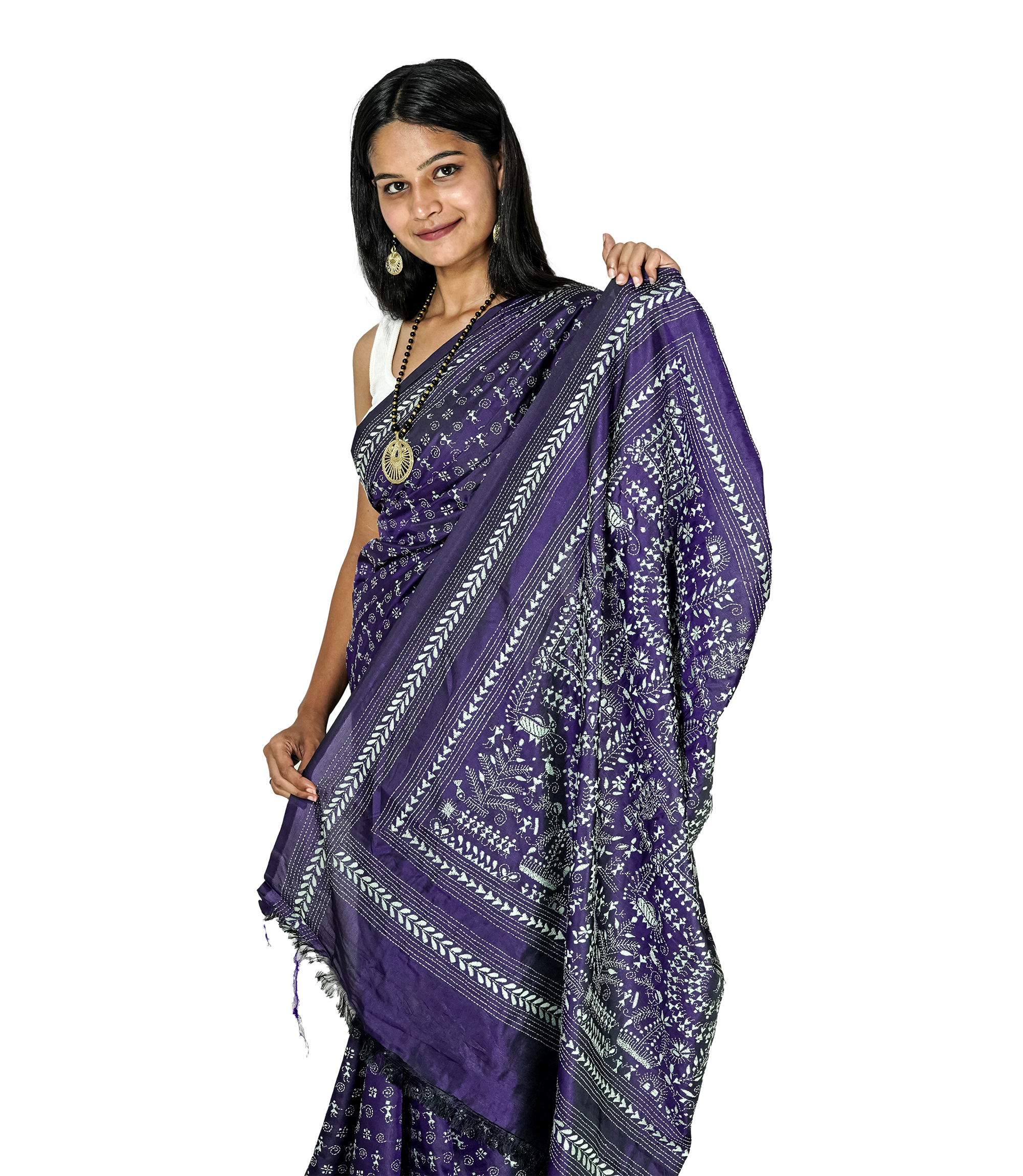 Handstitched Purple Saree with White Kantha Stich By Tribes Of West Bengal