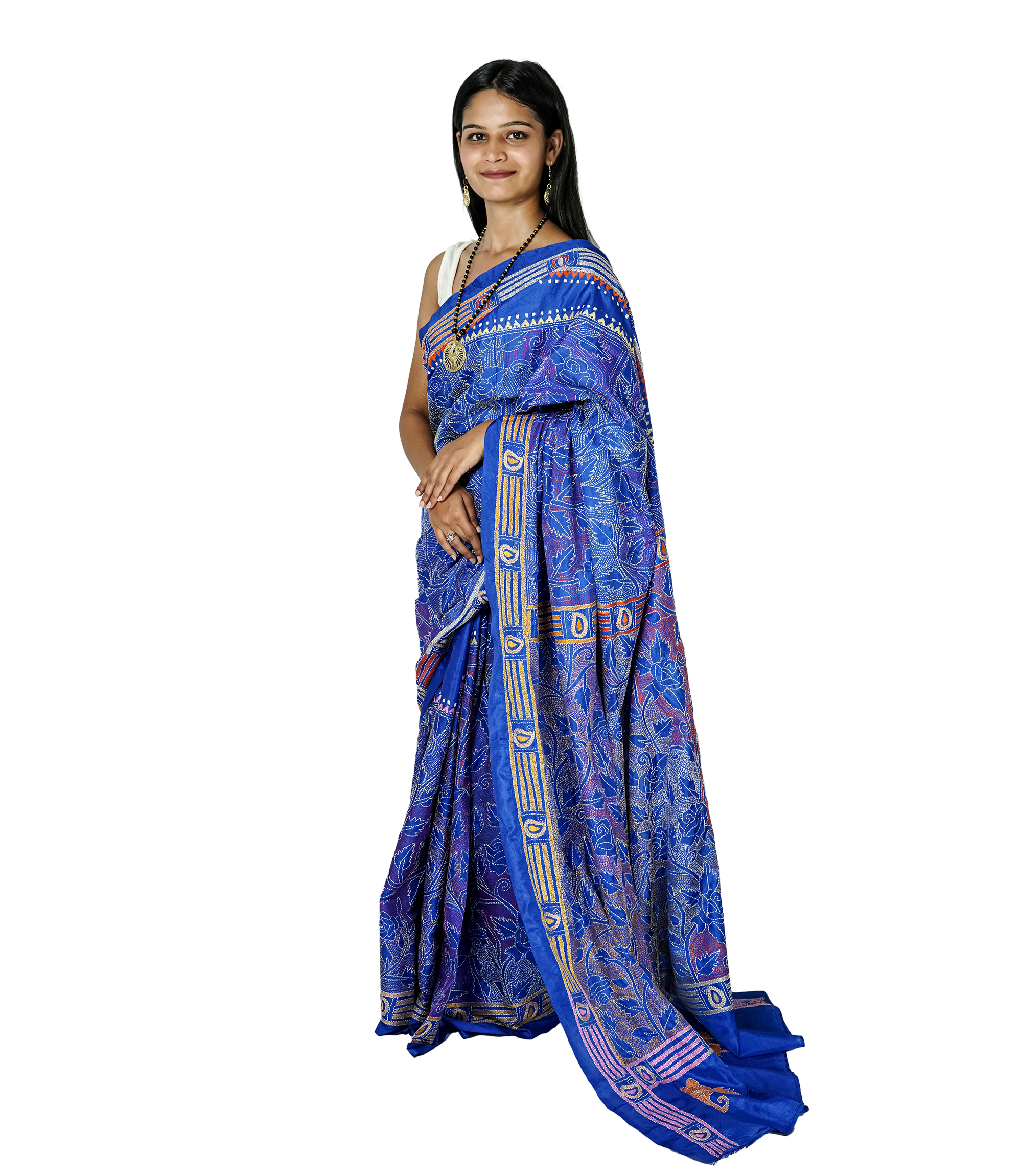 Handstitched Blue Saree with White Kantha Stich By Tribes Of West Bengal