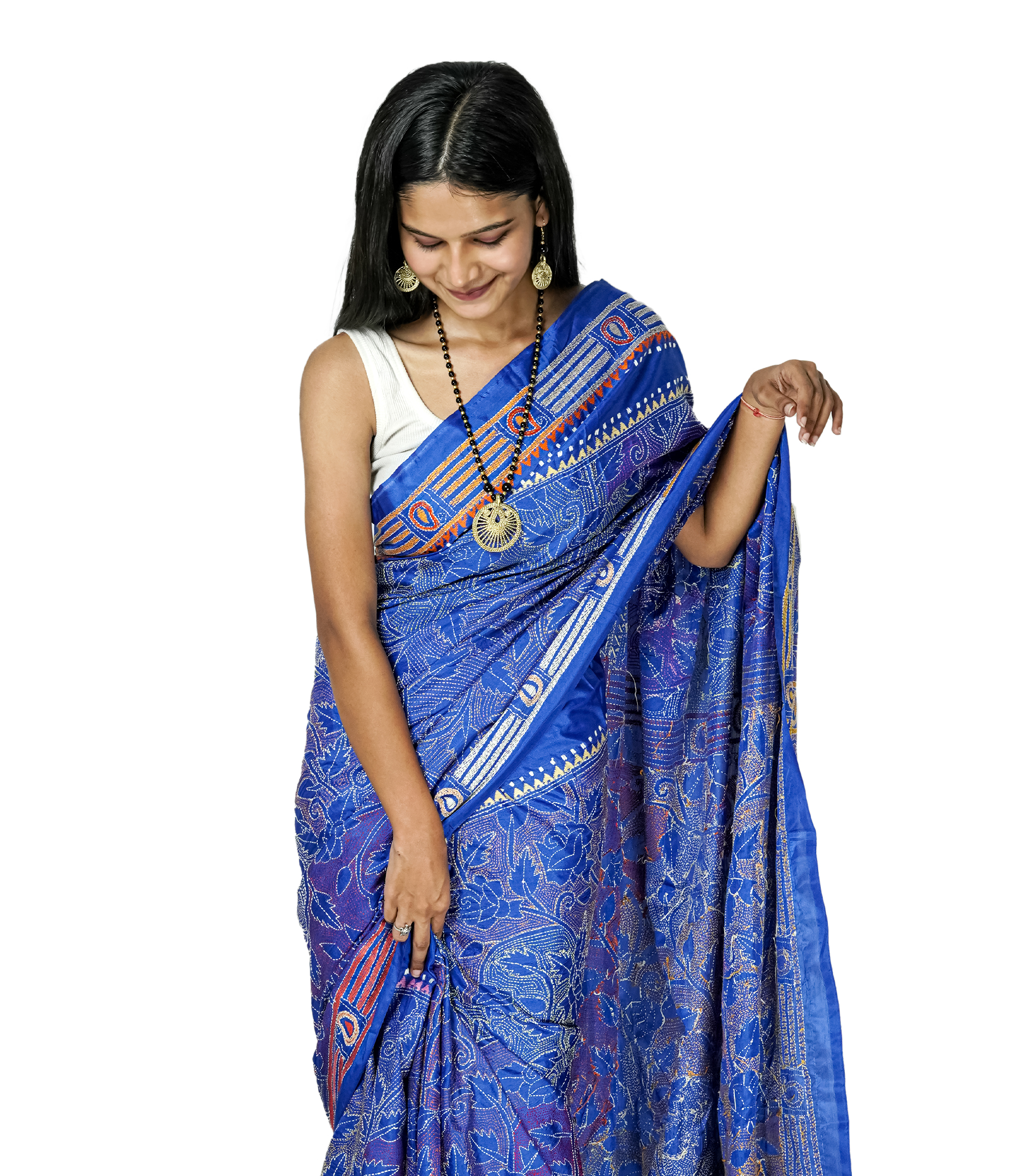 Handstitched Blue Saree with Multi-Colour Kantha Stich By Tribes Of West Bengal