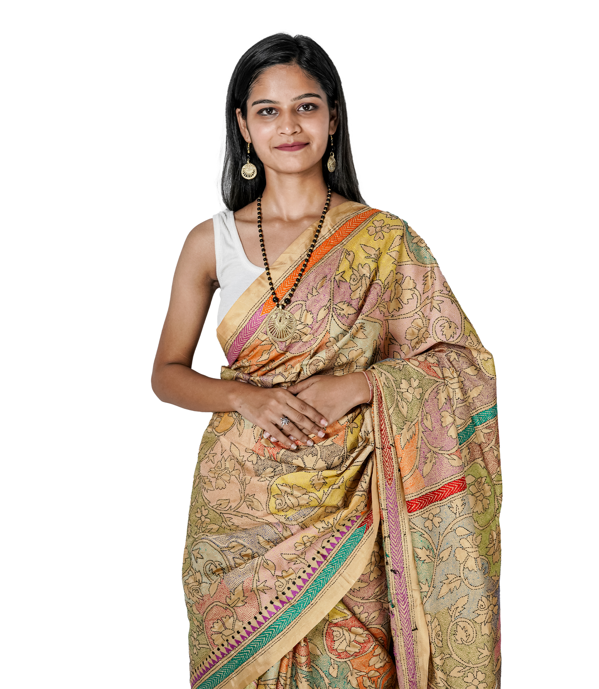 Handstitched Golden Saree with Multi-Colour Kantha Stich By Tribes Of West Bengal