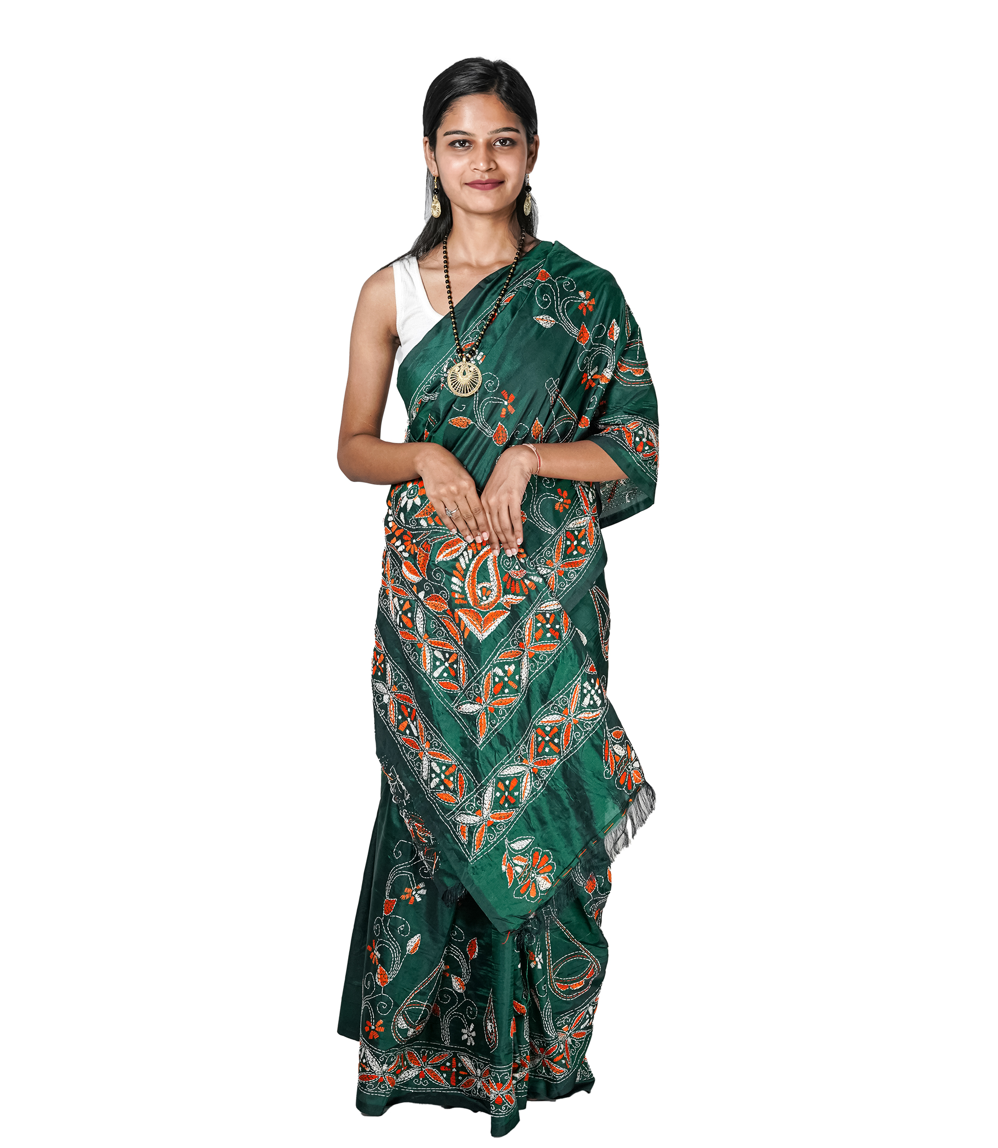 Handstitched Green Saree with Multi-Colour Kantha Stich By Tribes Of West Bengal