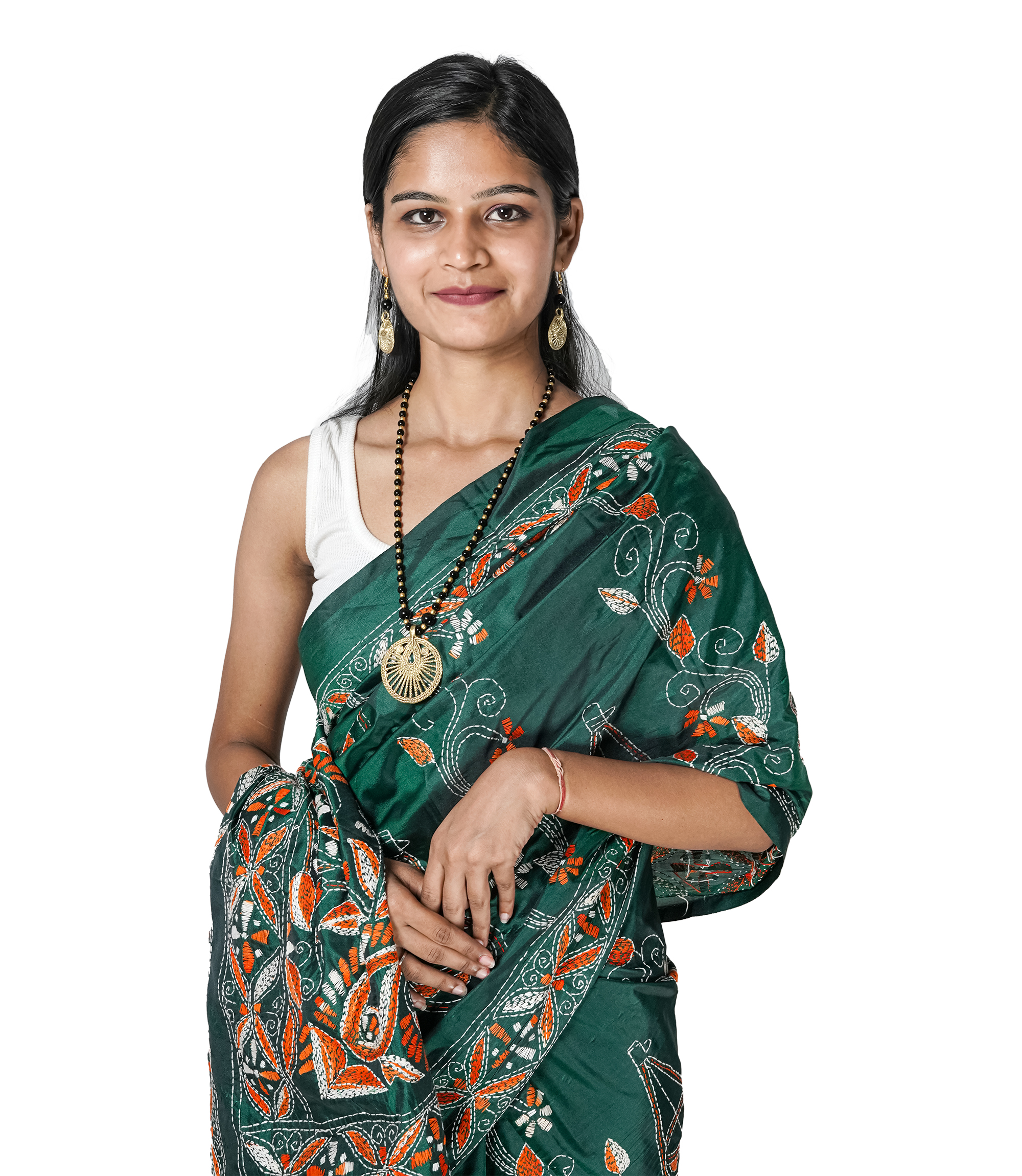 Handstitched Green Saree with Multi-Colour Kantha Stich By Tribes Of West Bengal