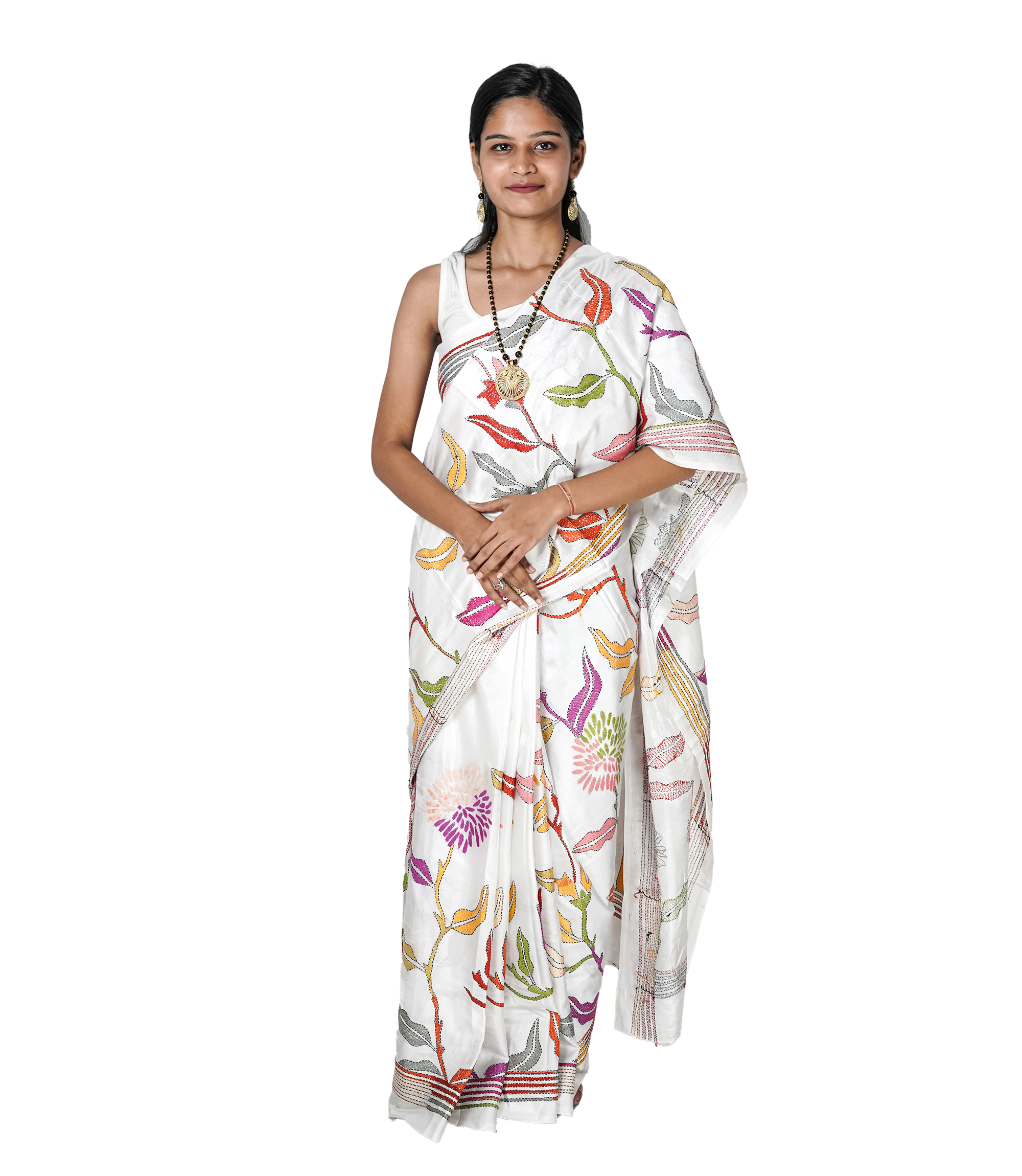 Handstitched White Saree with Multi-Colour Kantha Stich By Tribes Of West Bengal