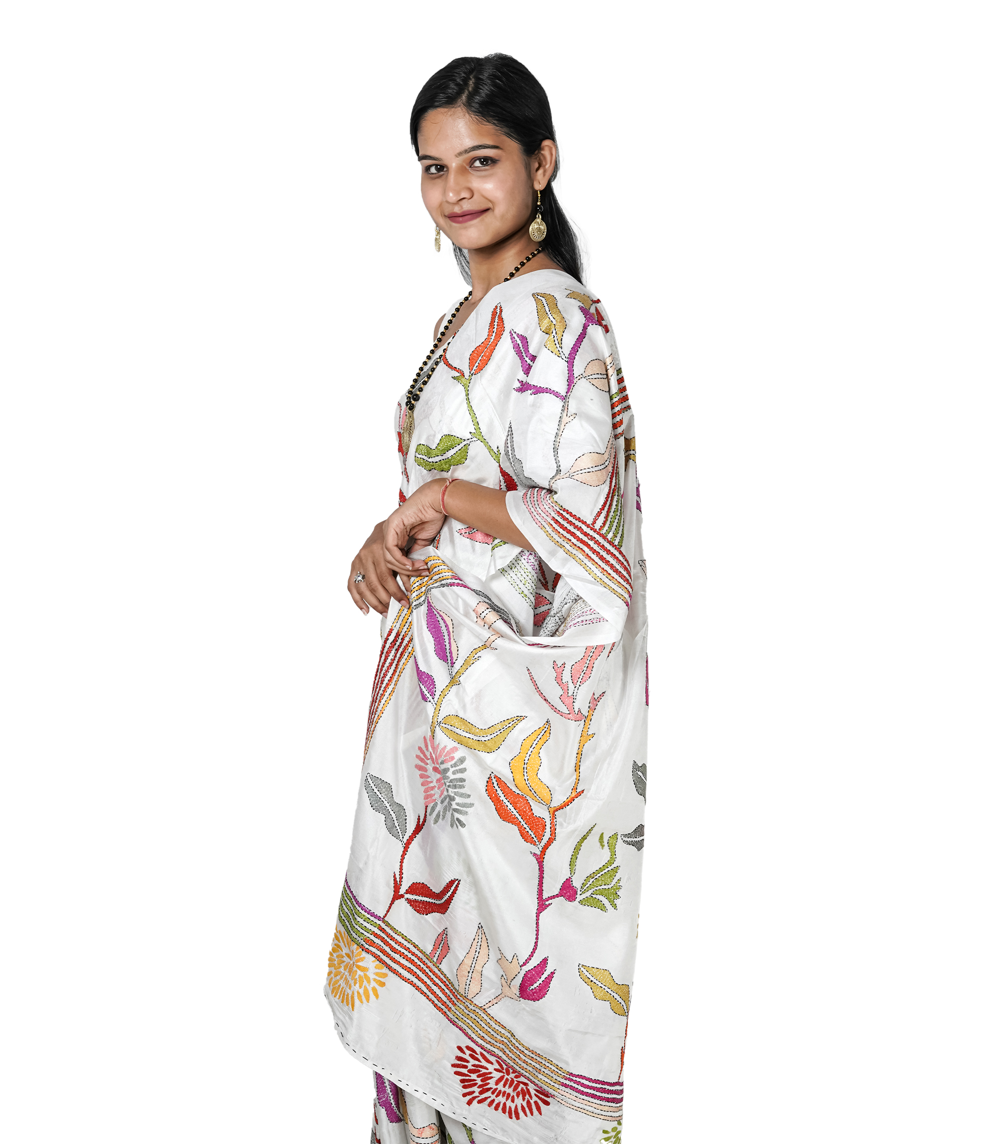 Handstitched White Saree with Multi-Colour Kantha Stich By Tribes Of West Bengal