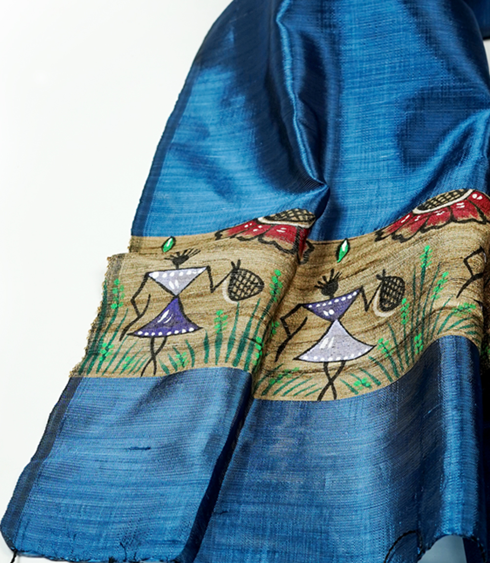 Hand Painted Tassar Silk Stole Made By Tribes Of Jharkhand (Blue Colour)