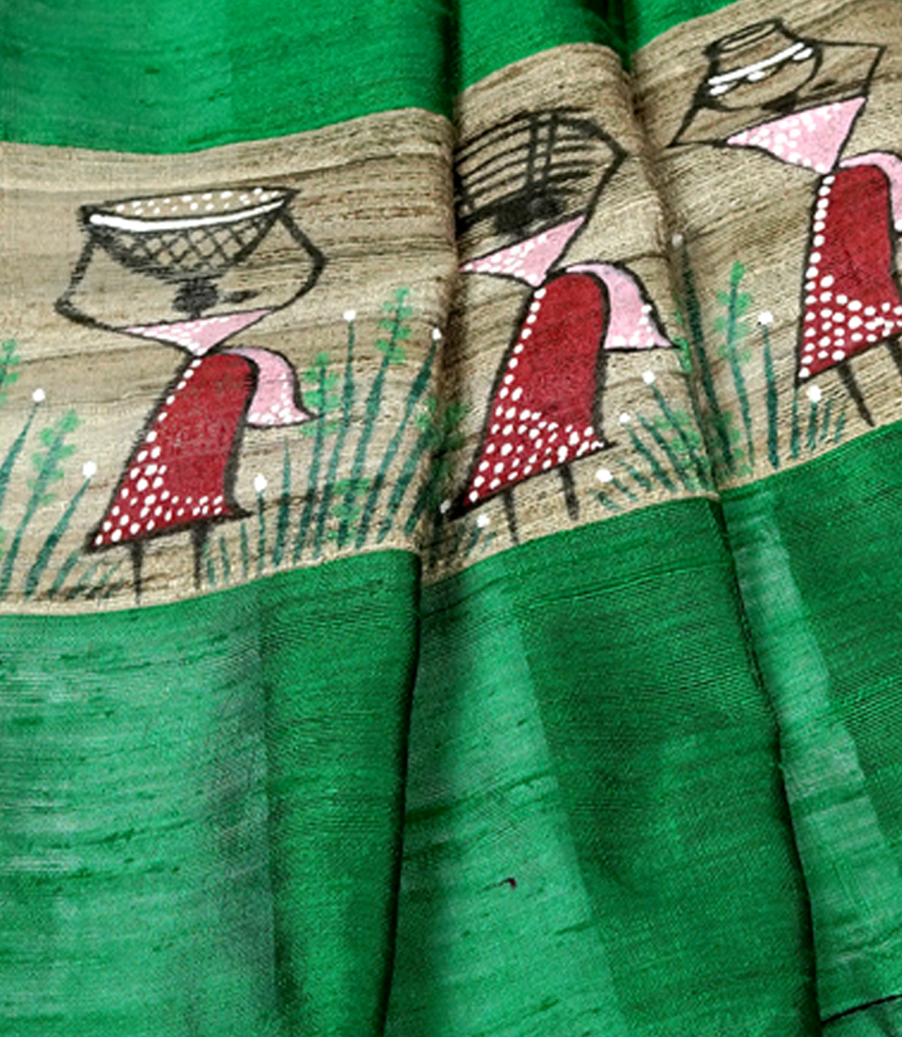 Hand Painted Tassar Silk Stole Made By Tribes Of Jharkhand (Green Colour)