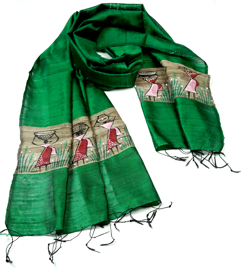 Hand Painted Tassar Silk Stole Made By Tribes Of Jharkhand (Green Colour)