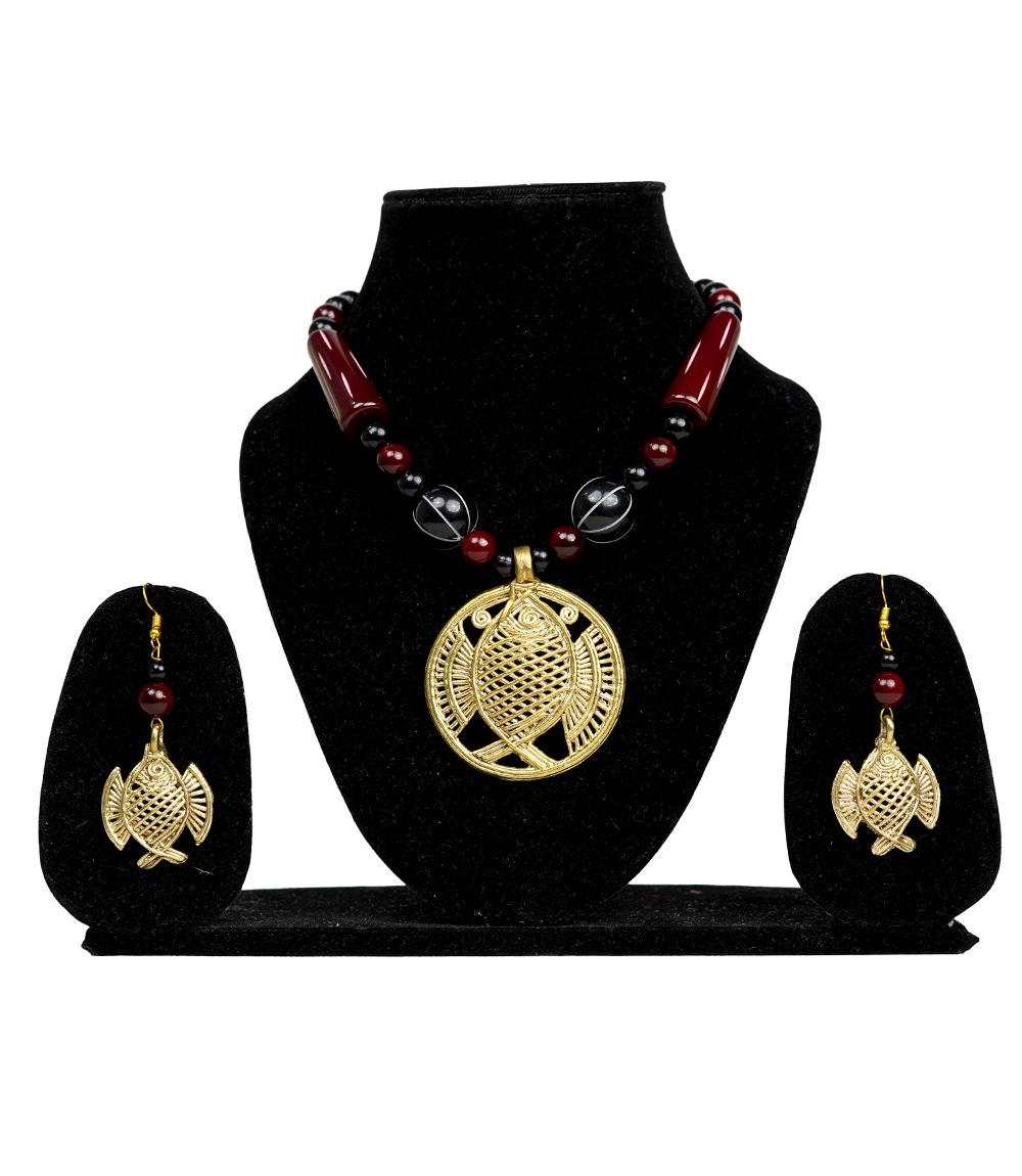 Dokra Necklace with Golden Fish Tribal Necklace Set Made by Tribes of Jharkhand