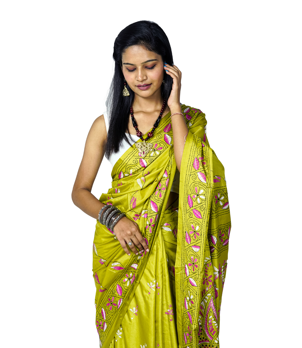 Hand-Stitched Green Saree with Multi-Colour  Embroidery – Crafted by West Bengal Tribes