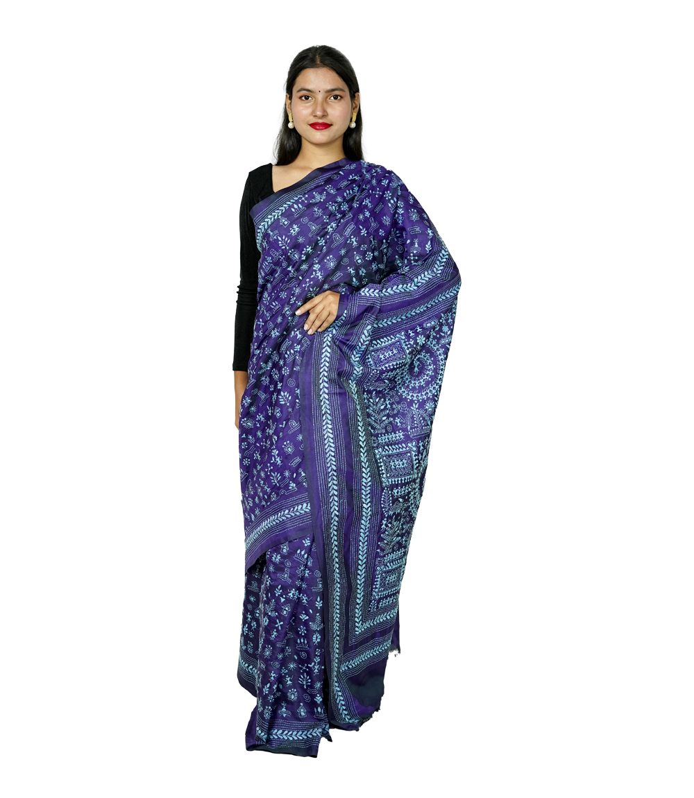 Hand-Stitched Indigo Printed Cotton Saree – Crafted by West Bengal Tribes