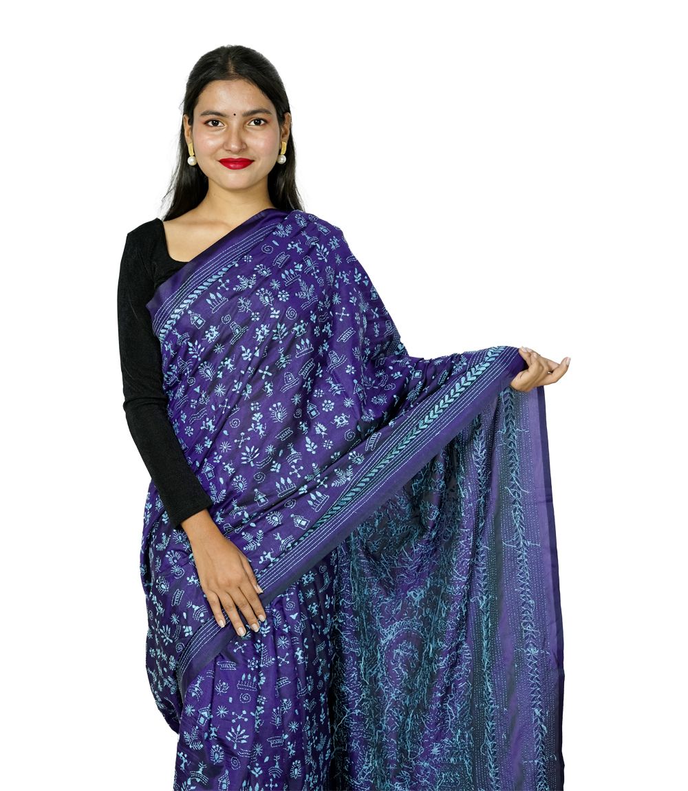 Hand-Stitched Indigo Printed Cotton Saree – Crafted by West Bengal Tribes