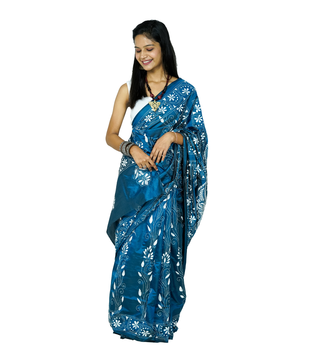 Hand-Stitched Blue Print Saree Embroidery – Crafted by West Bengal Tribes