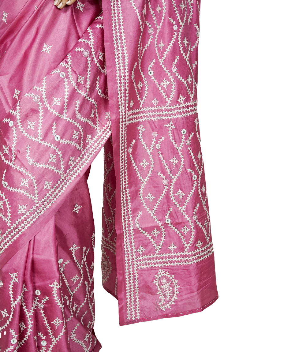 Hand-Stitched Pink Saree with Embroidery – Crafted by West Bengal Tribes 