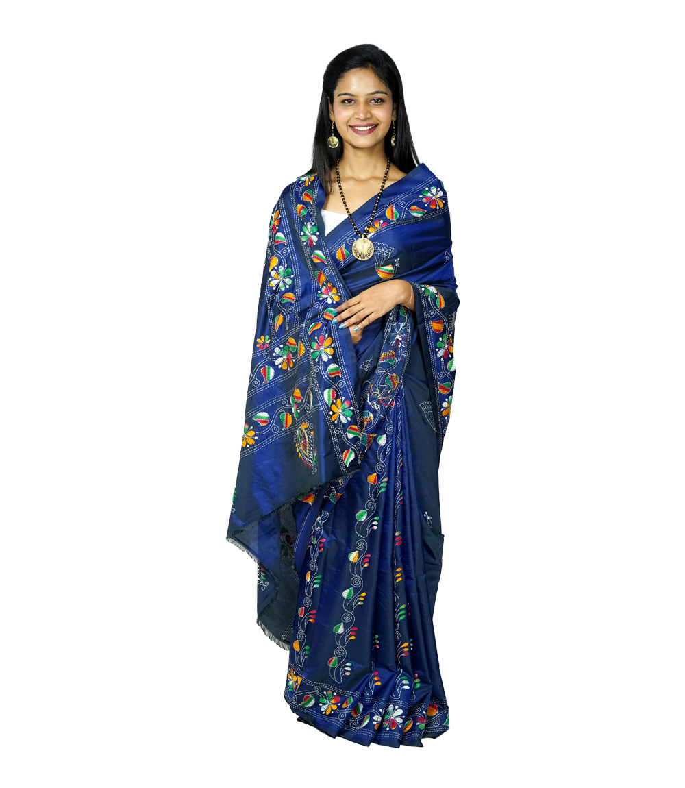 Hand-Stitched Navy Blue Saree with Multicolor Crafted by West Bengal Tribes 