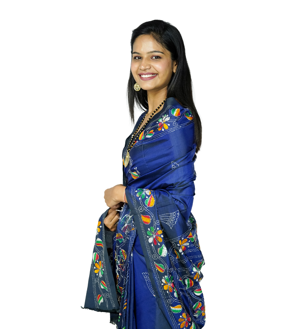 Hand-Stitched Navy Blue Saree with Multicolor Crafted by West Bengal Tribes 