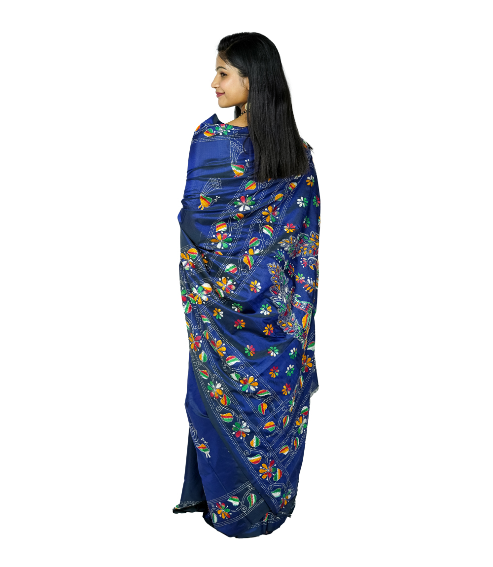 Hand-Stitched Navy Blue Saree with Multicolor Kantha Stitch By Tribes Of West Bengal