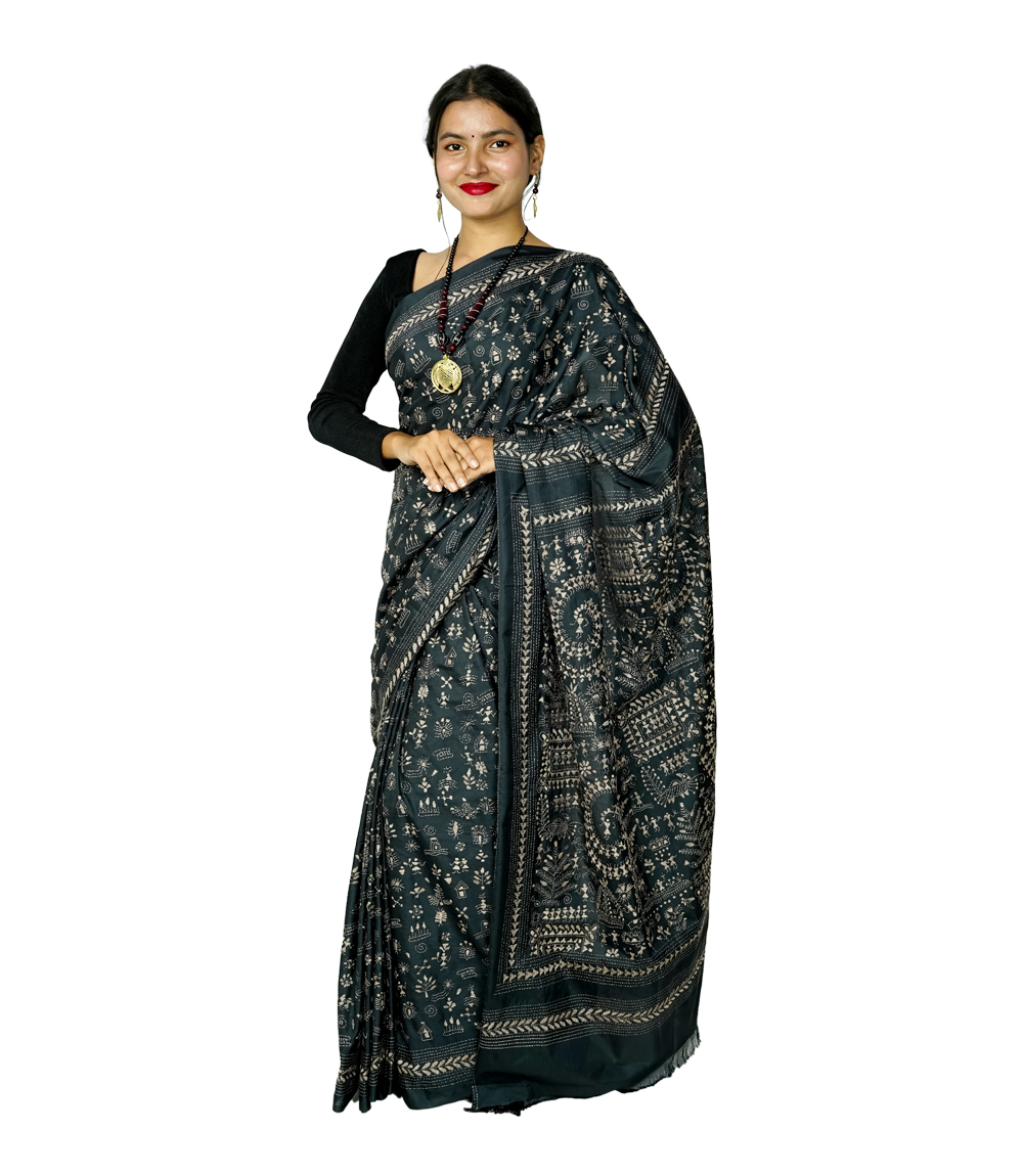 Hand-Stitched Black Saree  with Embroidery – Kantha Stitch By Tribes Of West Bengal