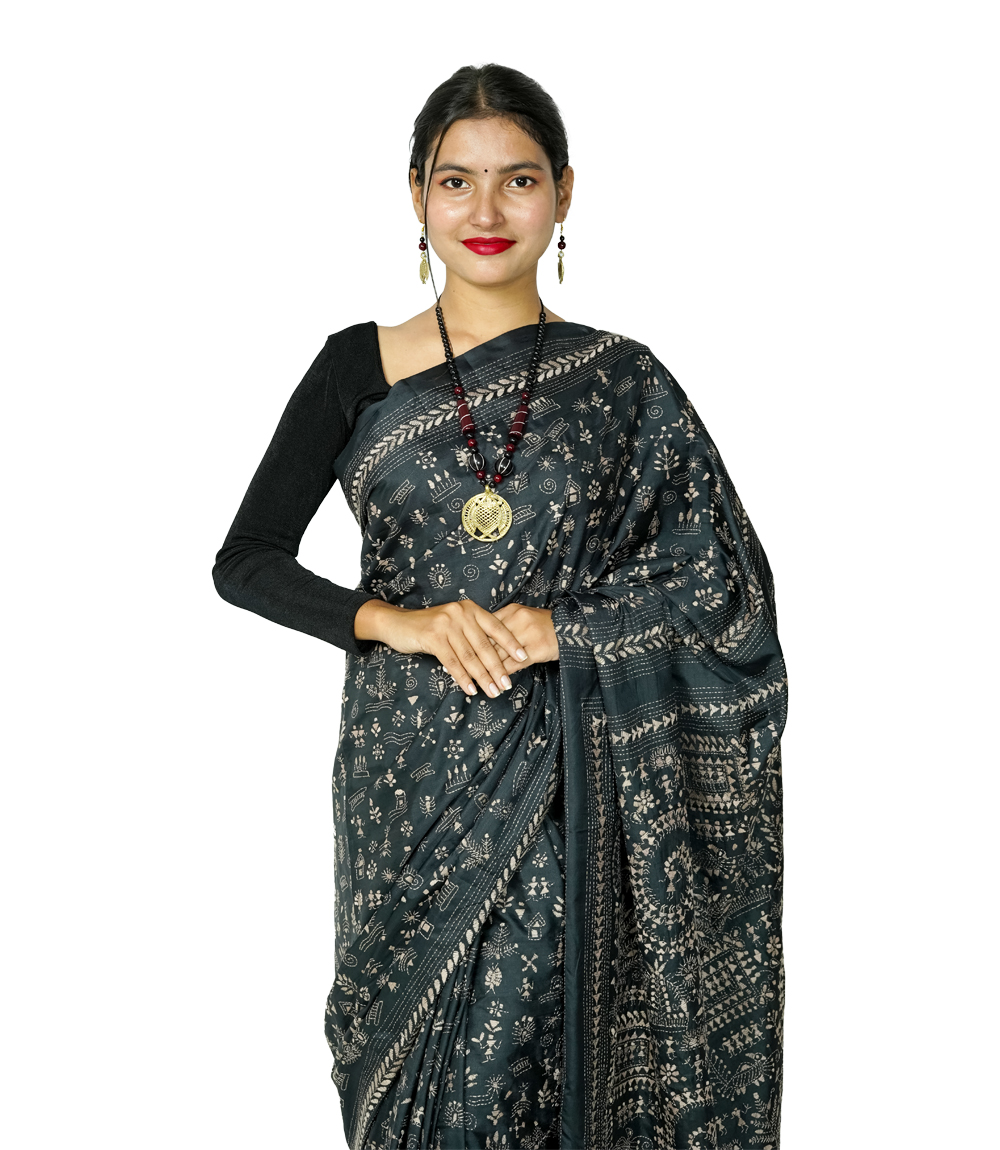 Hand-Stitched Black Saree  with Embroidery – Kantha Stitch By Tribes Of West Bengal