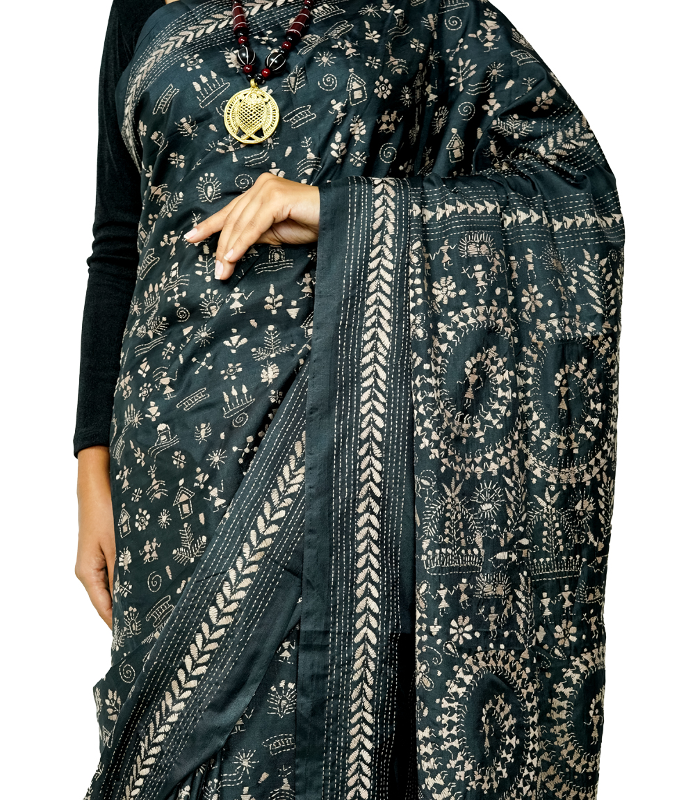 Hand-Stitched Black Saree with Intricate Tribal Design with Embroidery – Crafted by West Bengal Tribes 