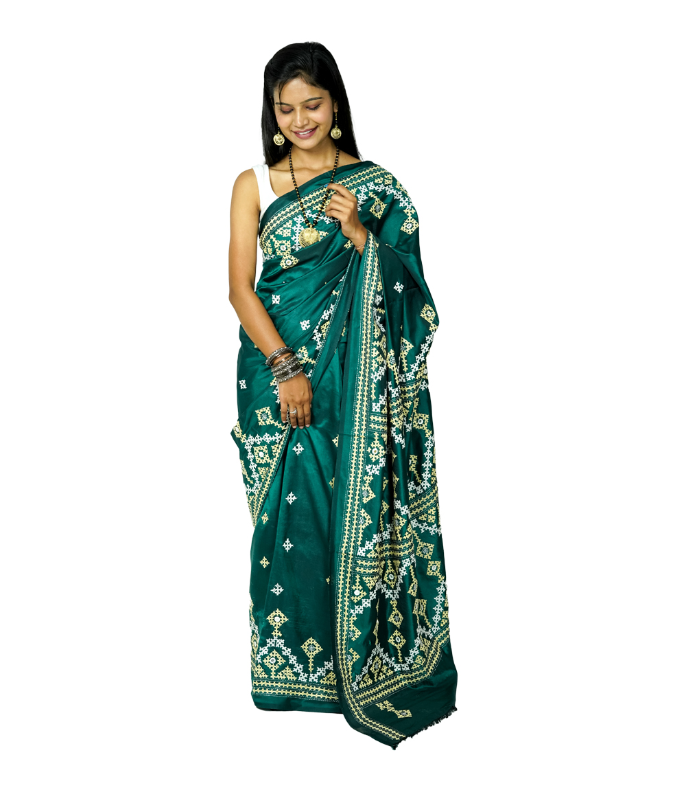 Hand-Stitched Black  Green Saree with Traditional Tribal Embroidery – Crafted by West Bengal Tribes 