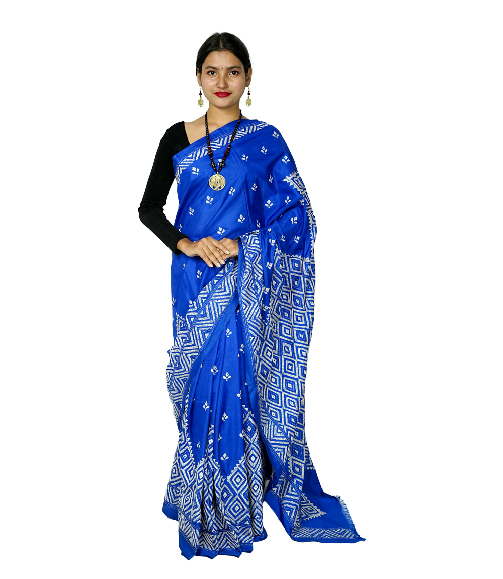 Hand-Stitched Royal Blue Saree with Geometric Tribal Patterns Crafted by West Bengal Tribes 