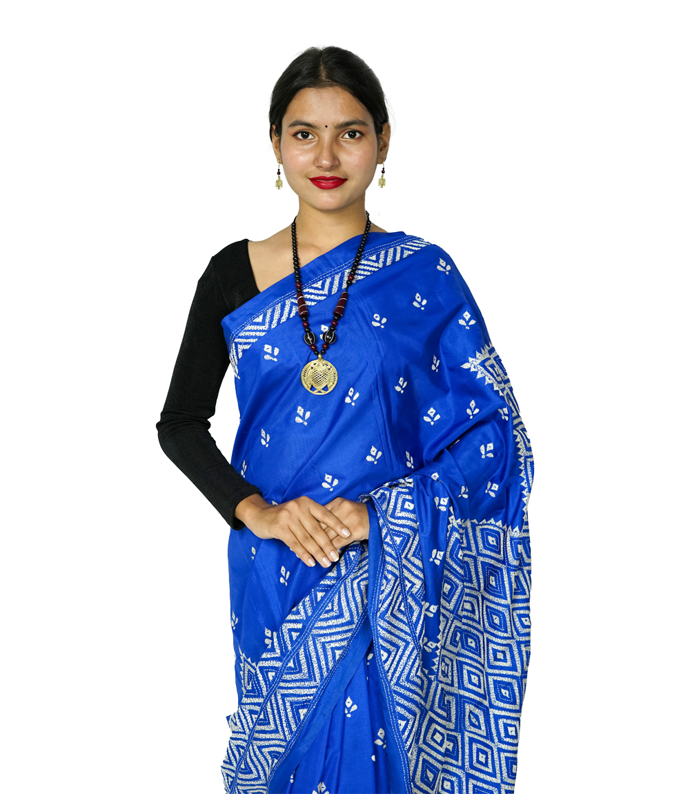 Hand-Stitched Royal Blue Saree with Geometric Tribal Patterns Crafted by West Bengal Tribes 