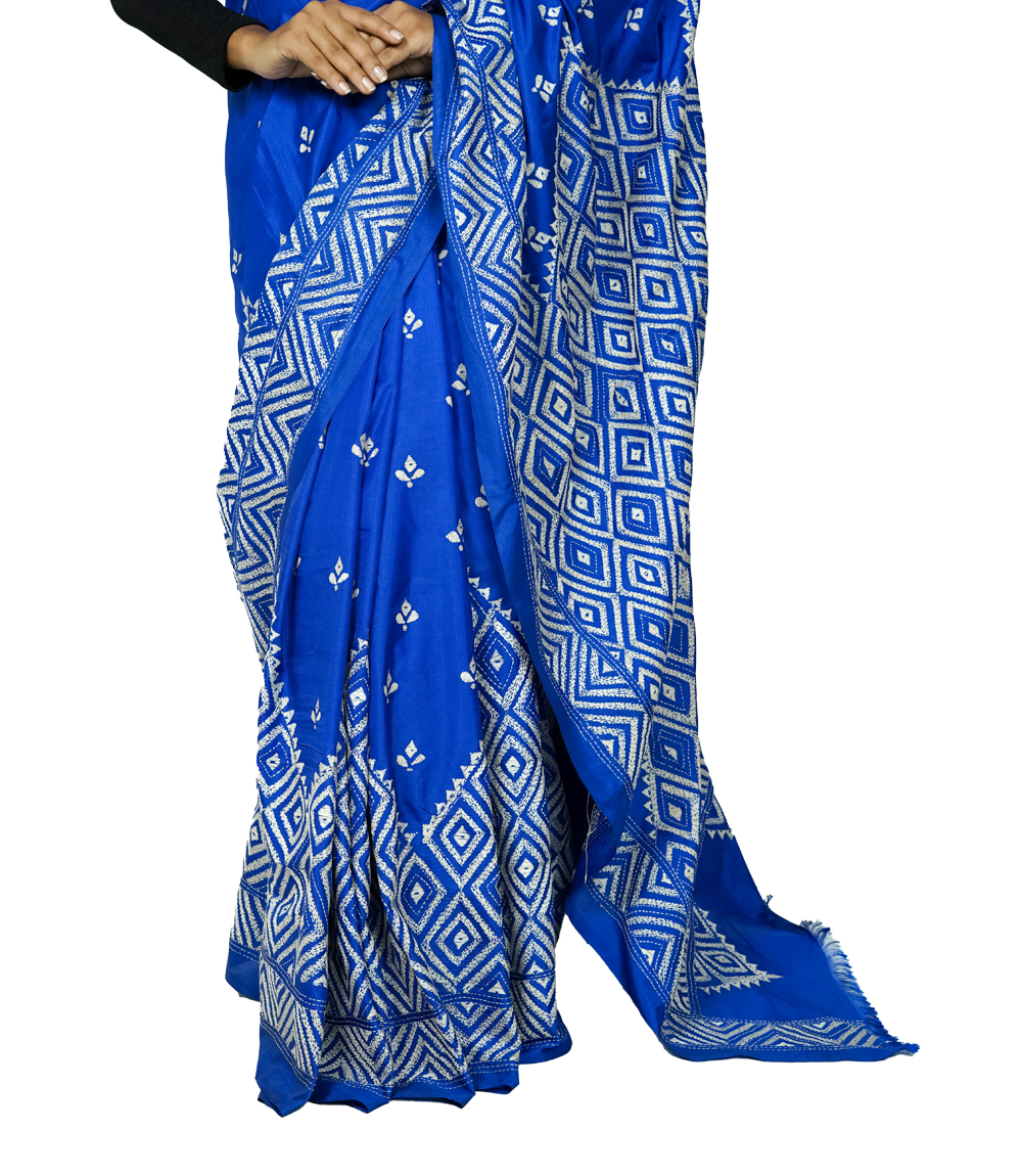 Hand-Stitched Royal Blue Saree with Geometric Tribal Patterns Crafted by West Bengal Tribes 