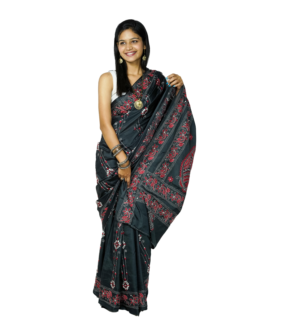 Hand-Stitched Black Saree with Red Floral Tribal Embroidery- Crafted by West Bengal Tribes 