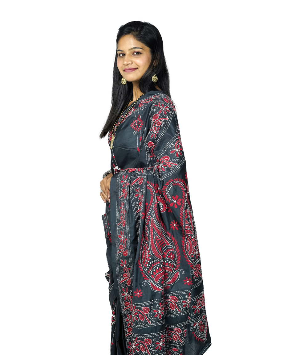 Hand-Stitched Black Saree with Red Floral Tribal Embroidery- Crafted by West Bengal Tribes 