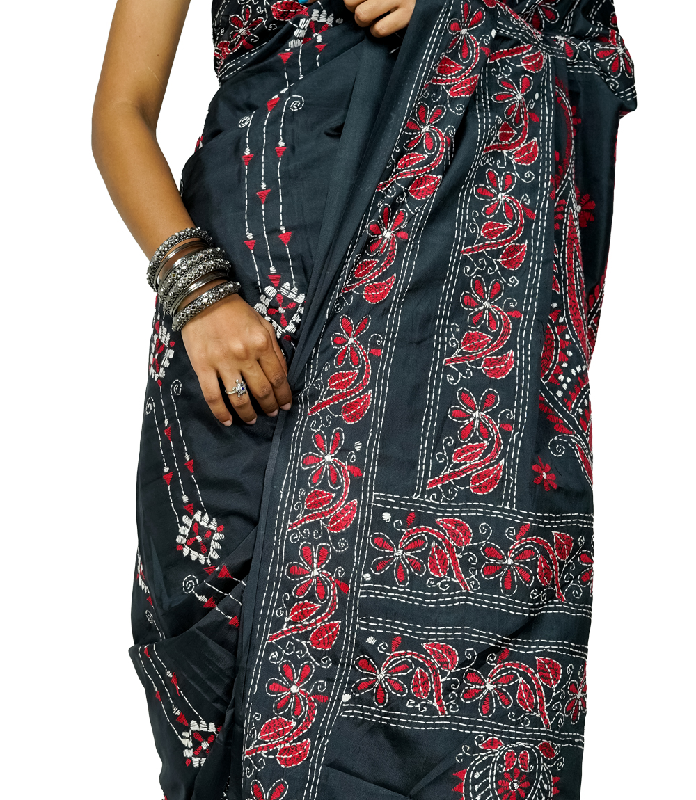 Hand-Stitched Black Saree with Red Floral Tribal Embroidery- Crafted by West Bengal Tribes 