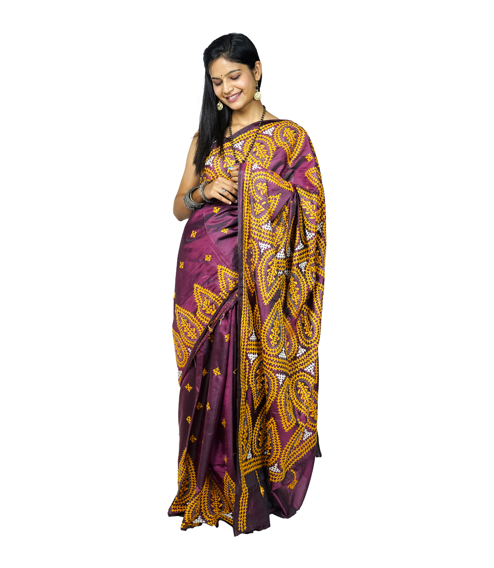 Hand-Stitched Royal Plum Saree with Vibrant Mustard-  Kantha Stitch By Tribes Of West Bengal 