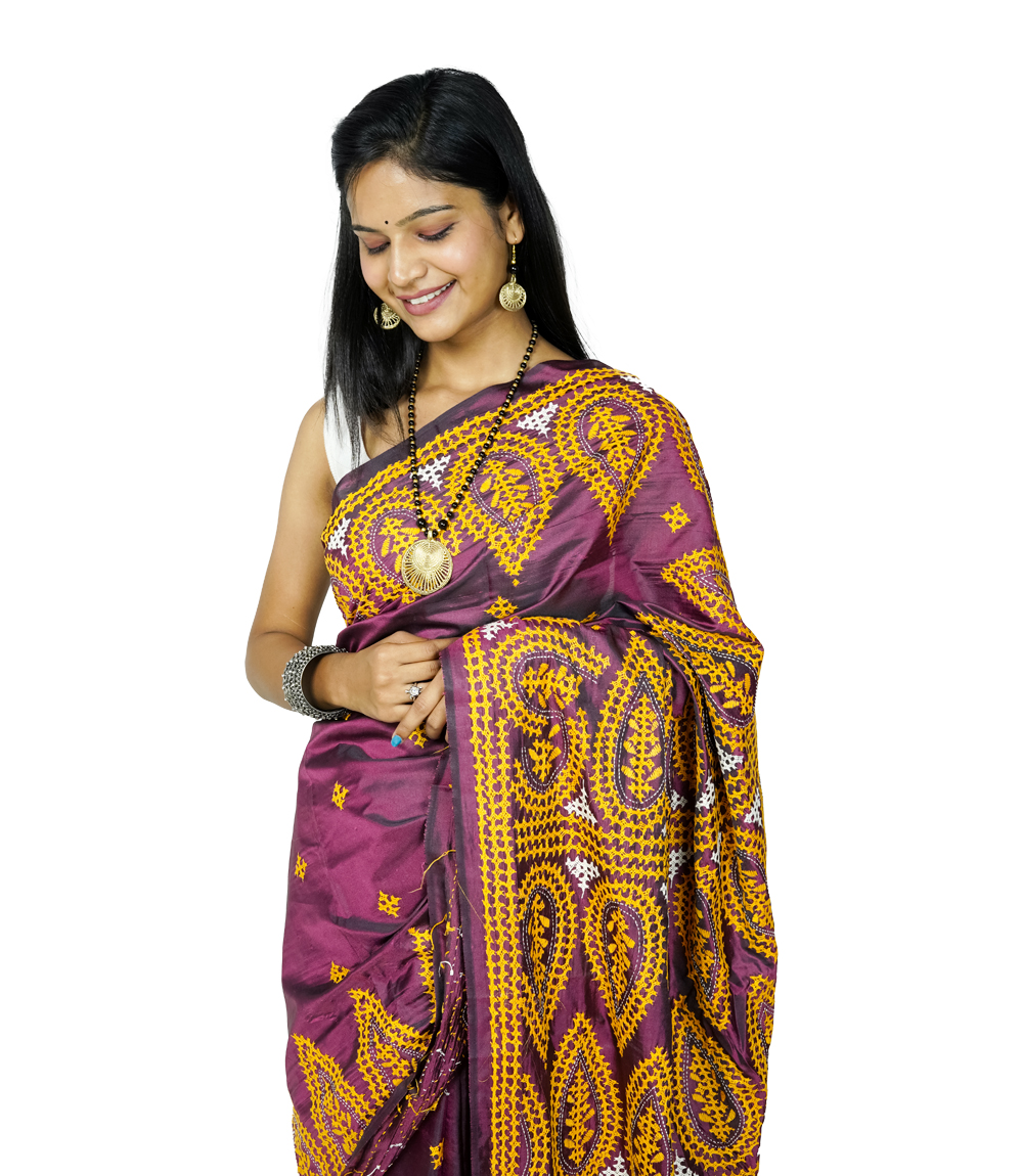 Hand-Stitched Royal Plum Saree with Vibrant Mustard-  Kantha Stitch By Tribes Of West Bengal 