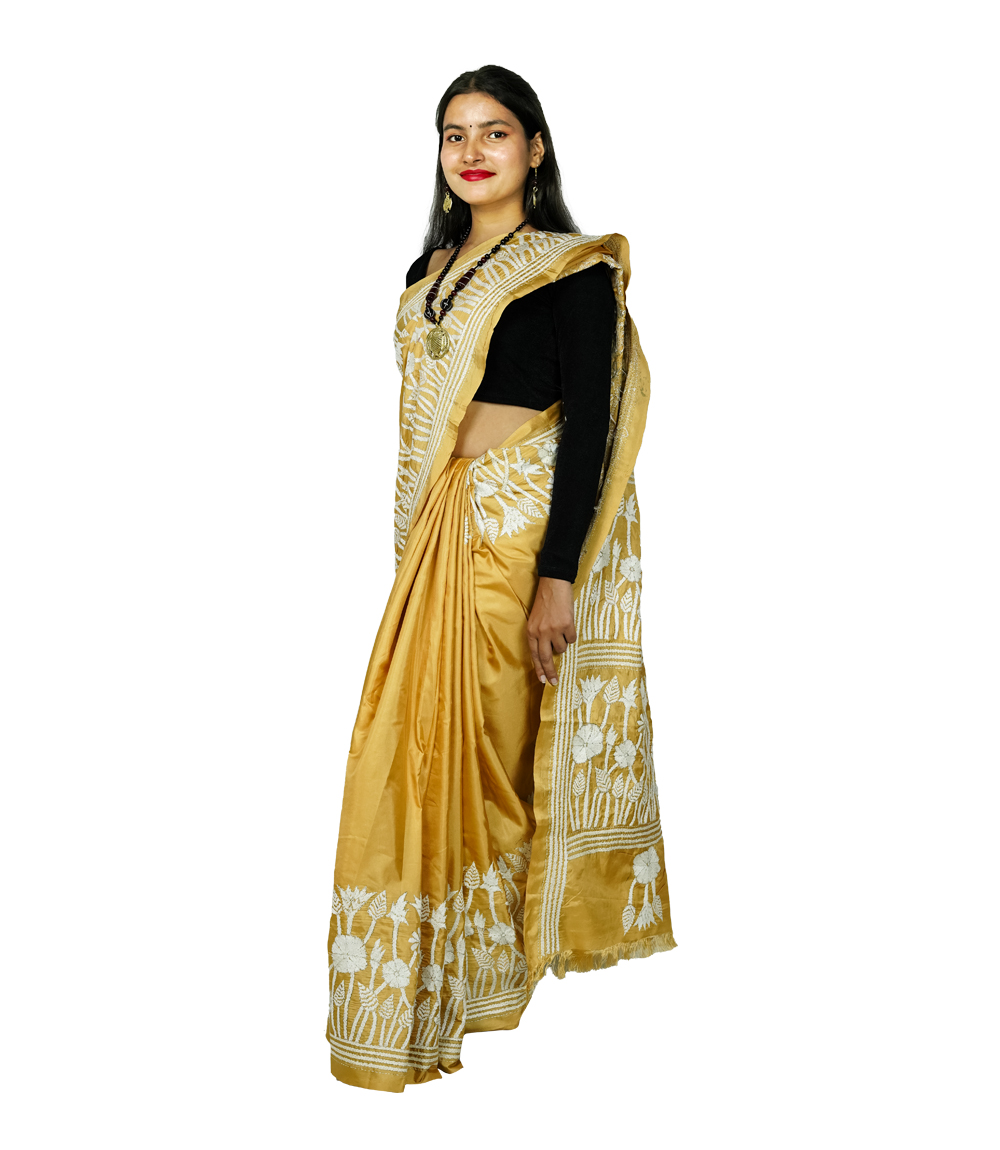 Hand-Stitched Golden colour with white embroidery- Crafted by West Bengal Tribes 