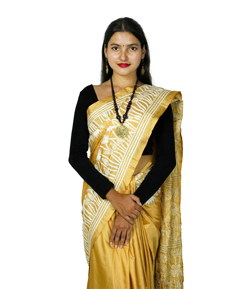 Hand-Stitched Golden colour with white embroidery- Crafted by West Bengal Tribes 