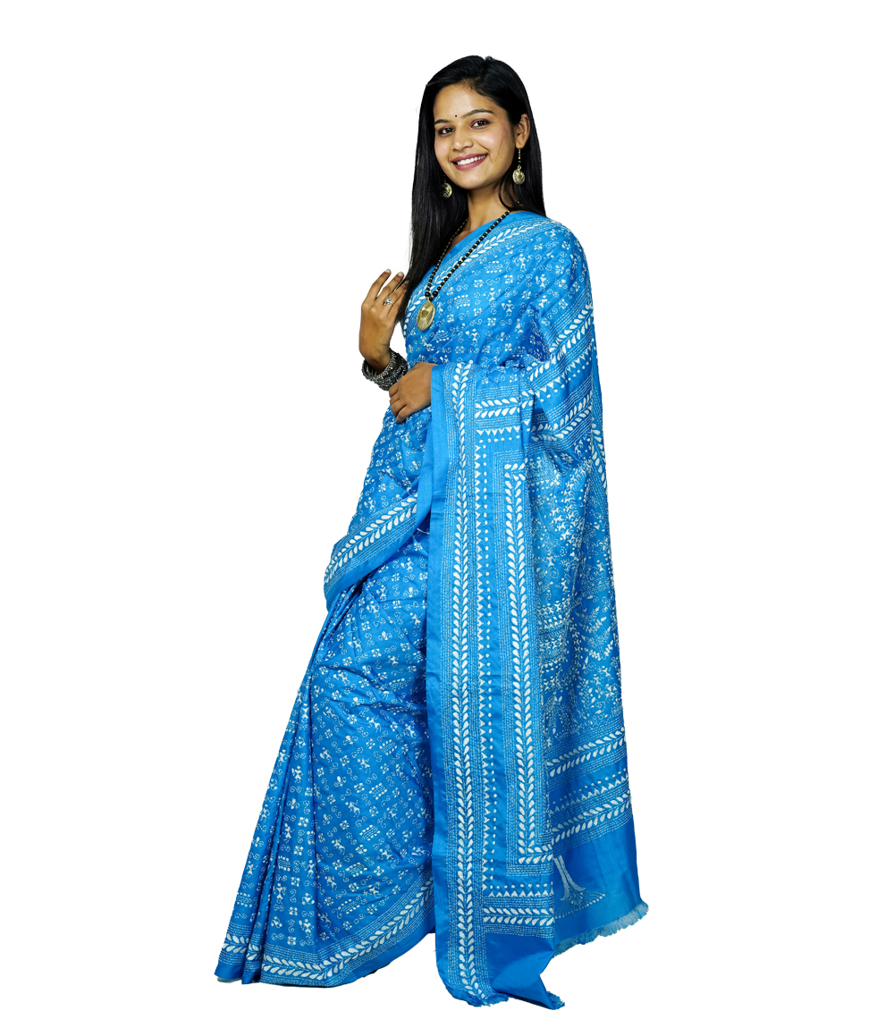 Hand-Stitched blue saree with white embroidery- Crafted by West Bengal Tribes 