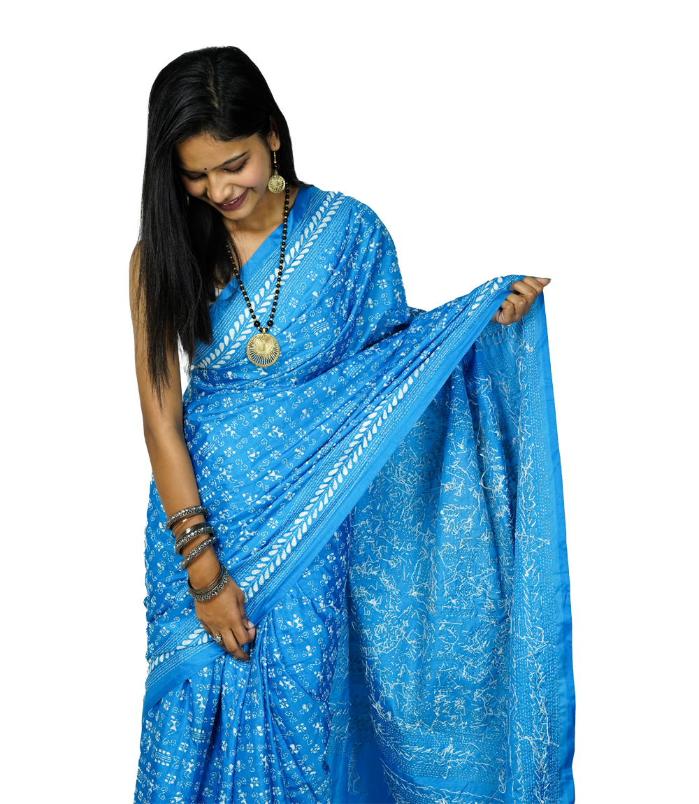 Hand-Stitched blue saree with white embroidery- Crafted by West Bengal Tribes 