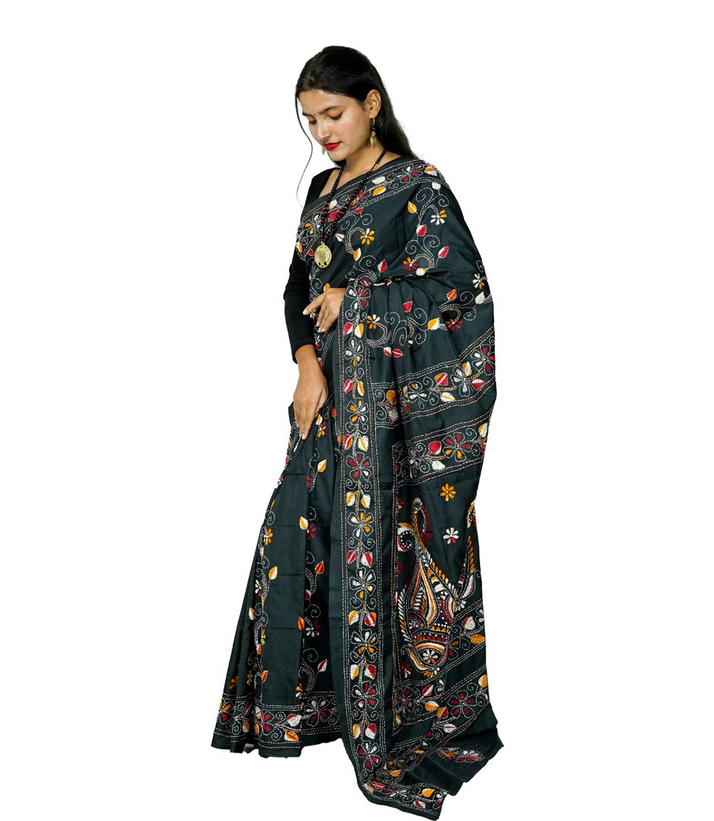 Hand-Stitched black saree with multi-colour embroidery- Crafted by West Bengal Tribes 