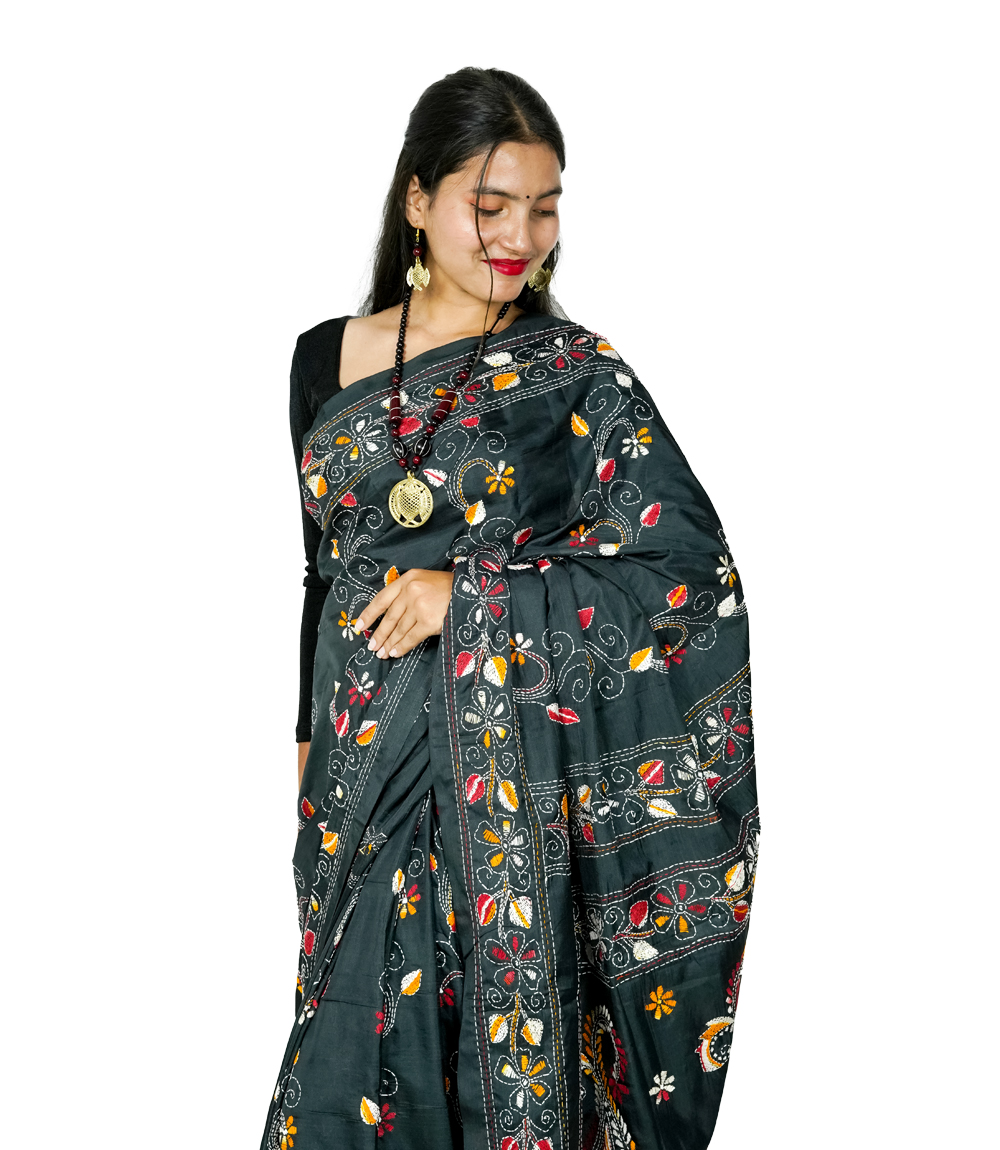 Hand-Stitched black saree with multi-colour embroidery- Crafted by West Bengal Tribes 