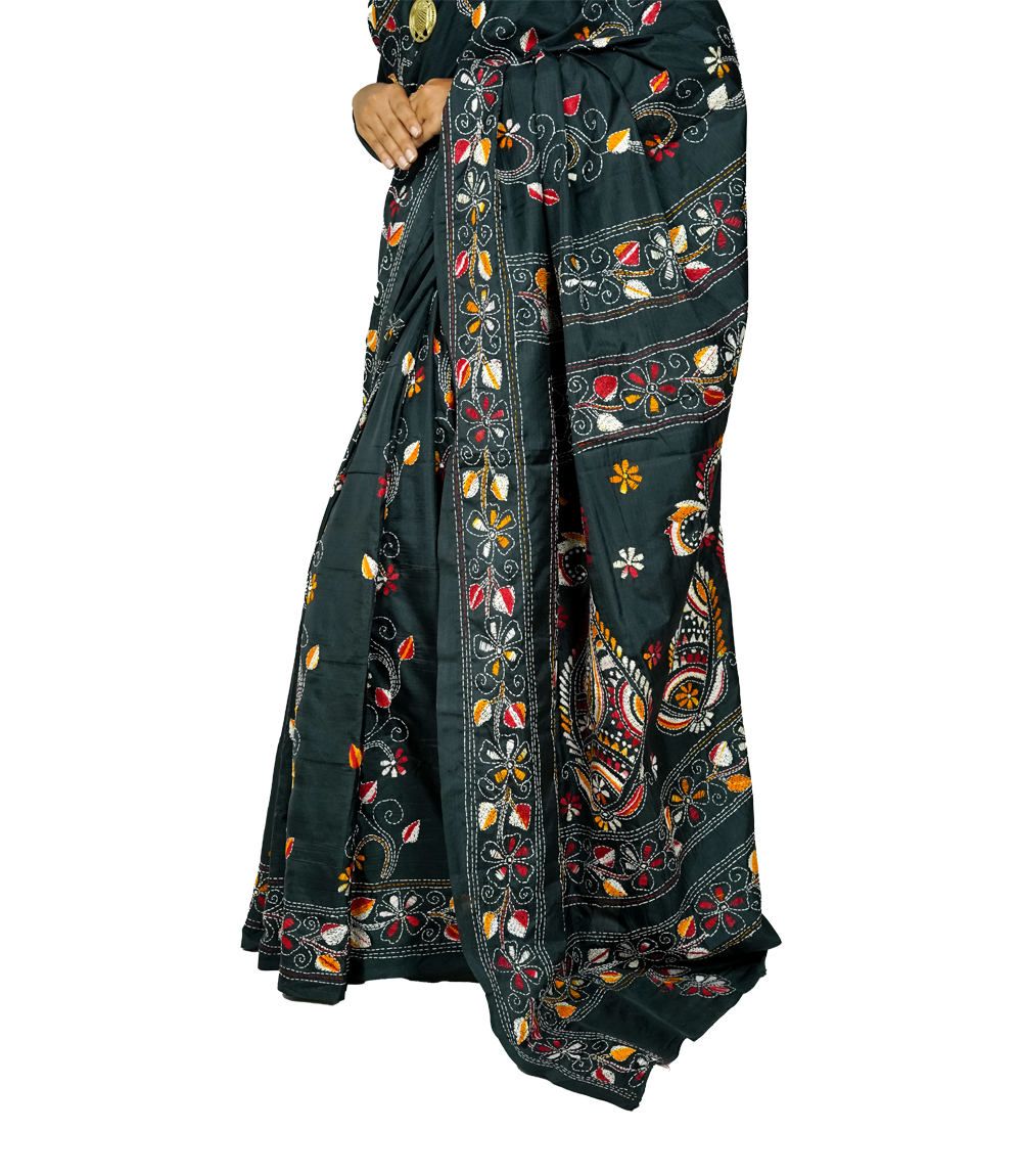 Hand-Stitched black saree with multi-colour embroidery- Crafted by West Bengal Tribes 