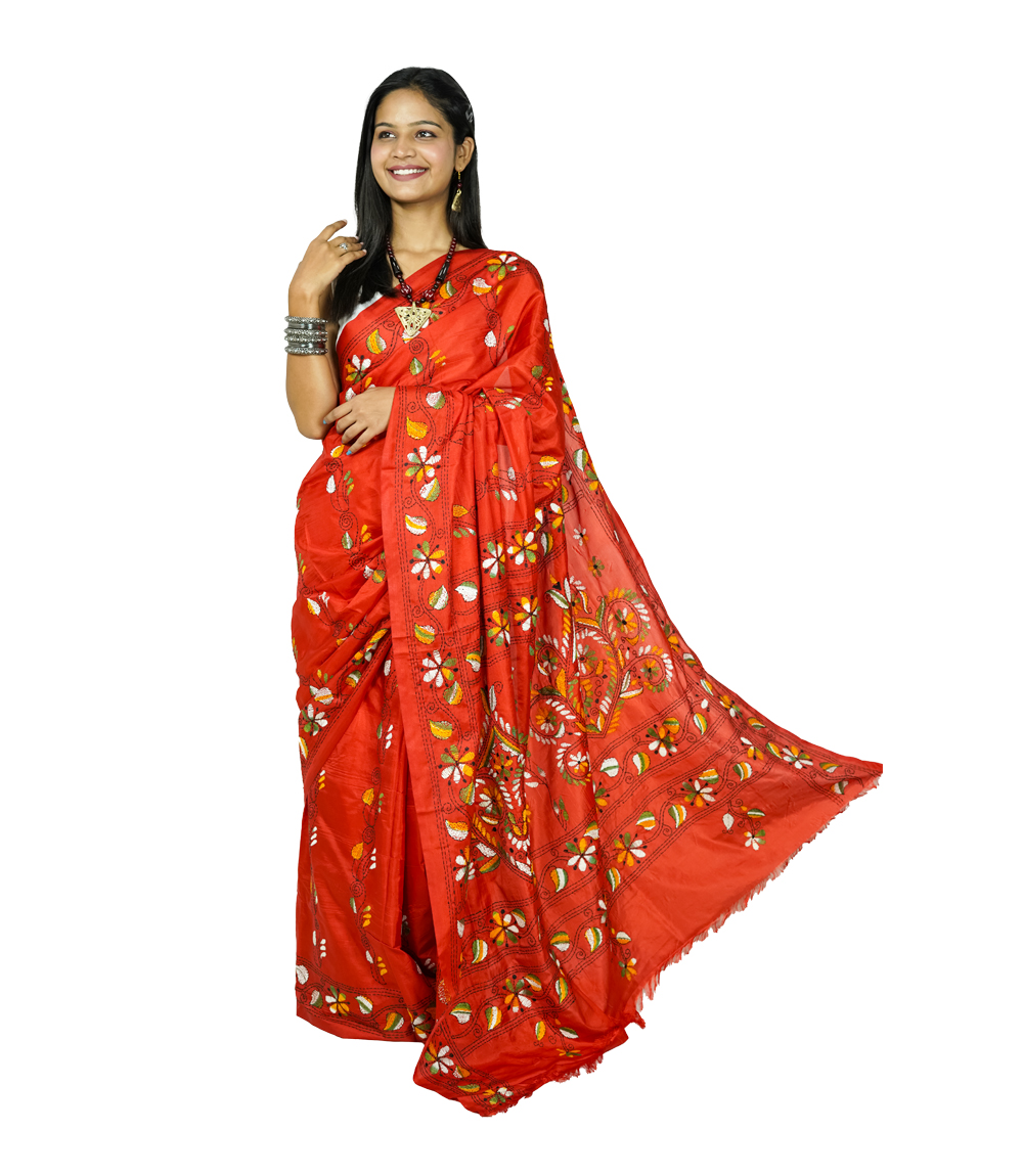 Hand-Stitched Orange saree with red multi-colour embroidery- Kantha Stitch By Tribes Of West Bengal  