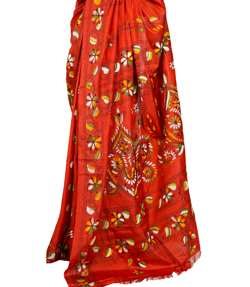 Hand-Stitched Orange saree with multi-colour embroidery- Crafted by West Bengal Tribes  