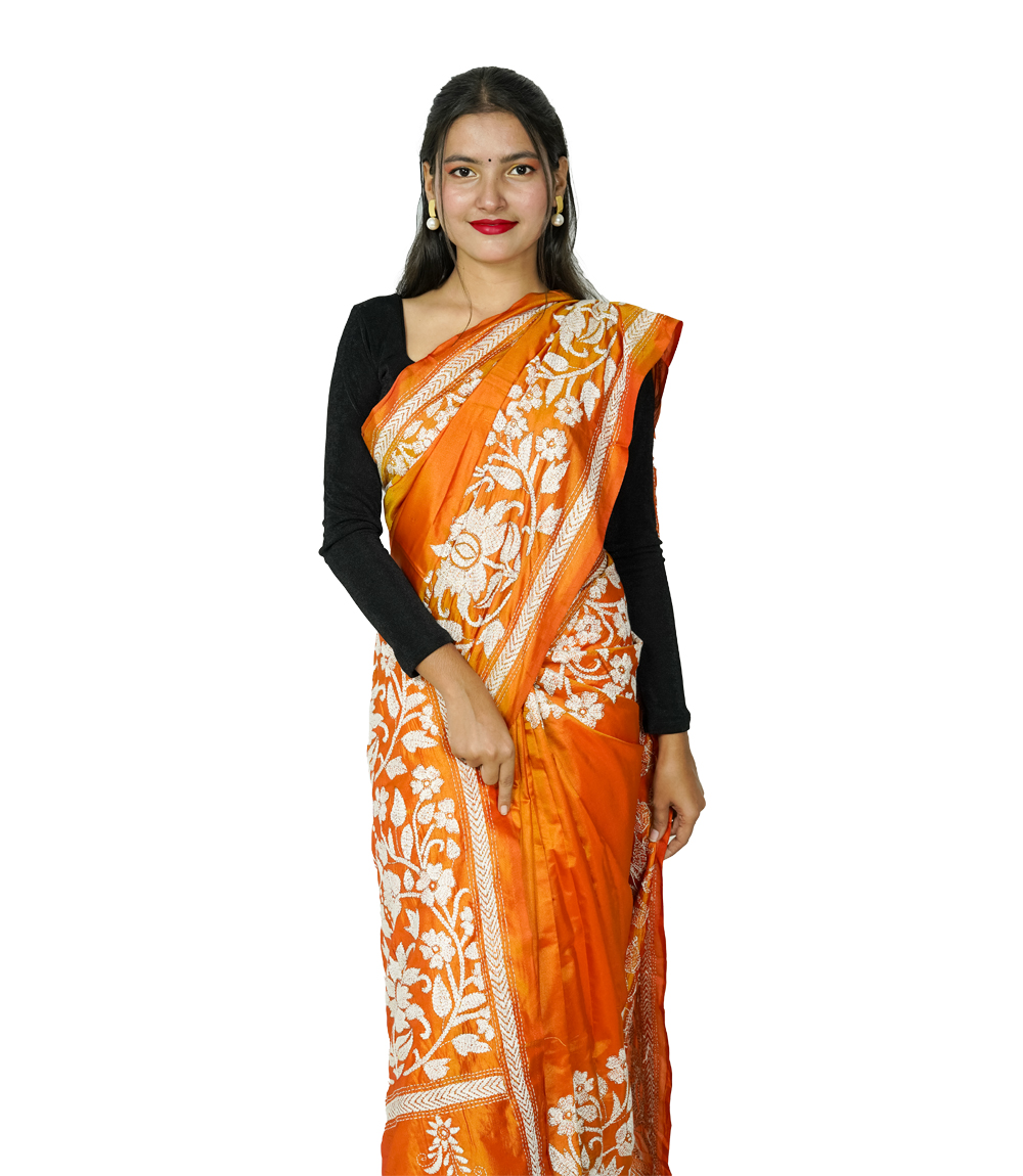 Hand-Stitched orange saree with white embroidery- Crafted by West Bengal Tribes